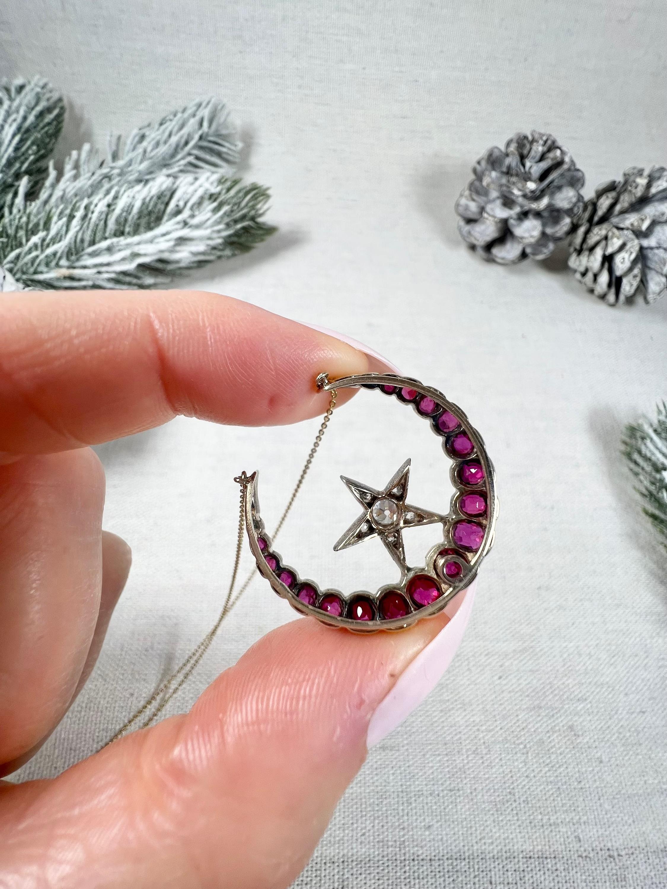 18ct Gold, Victorian Natural Ruby & Diamond Crescent Moon Star Pendant Necklace For Sale 3