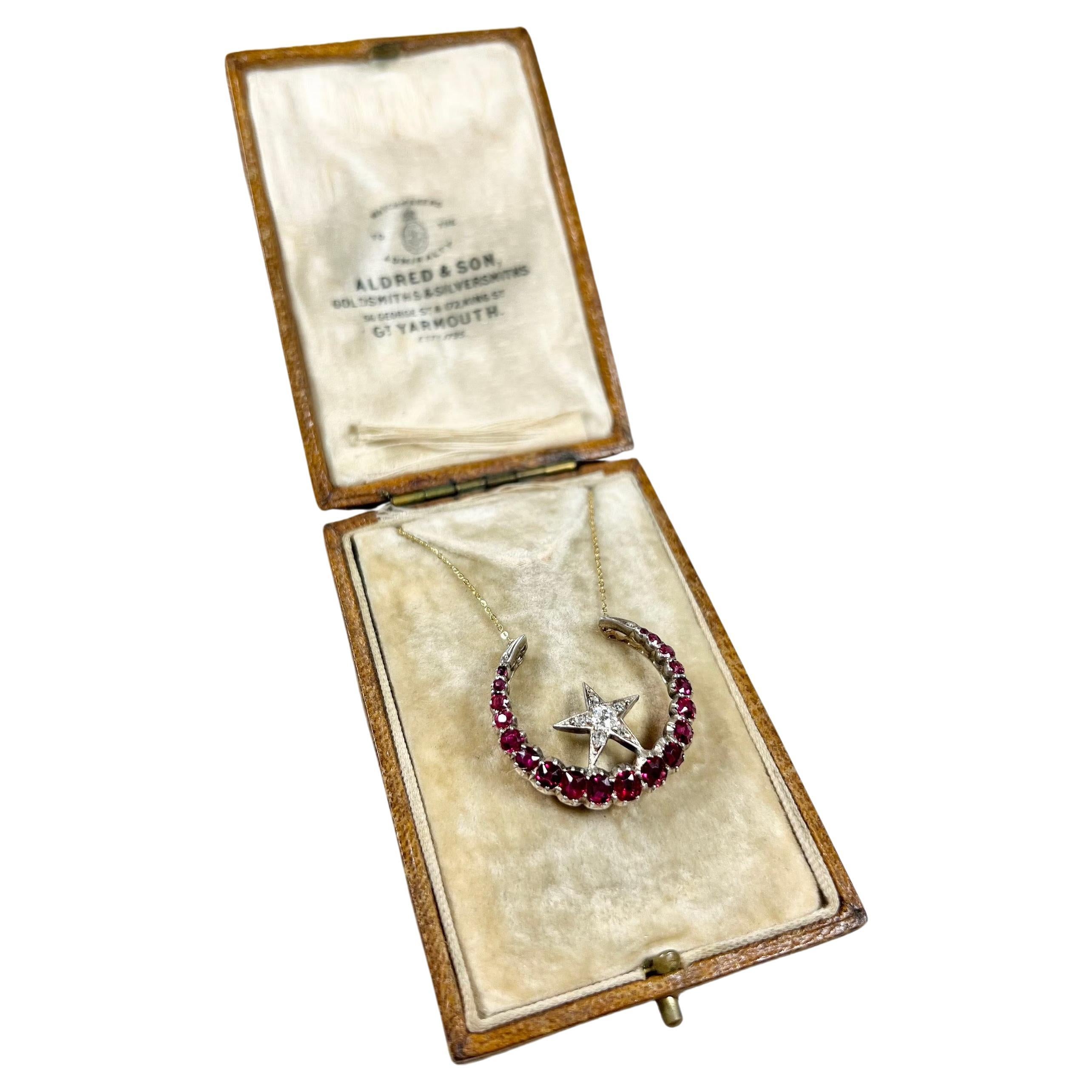 18ct Gold, Victorian Natural Ruby & Diamond Crescent Moon Star Pendant Necklace For Sale
