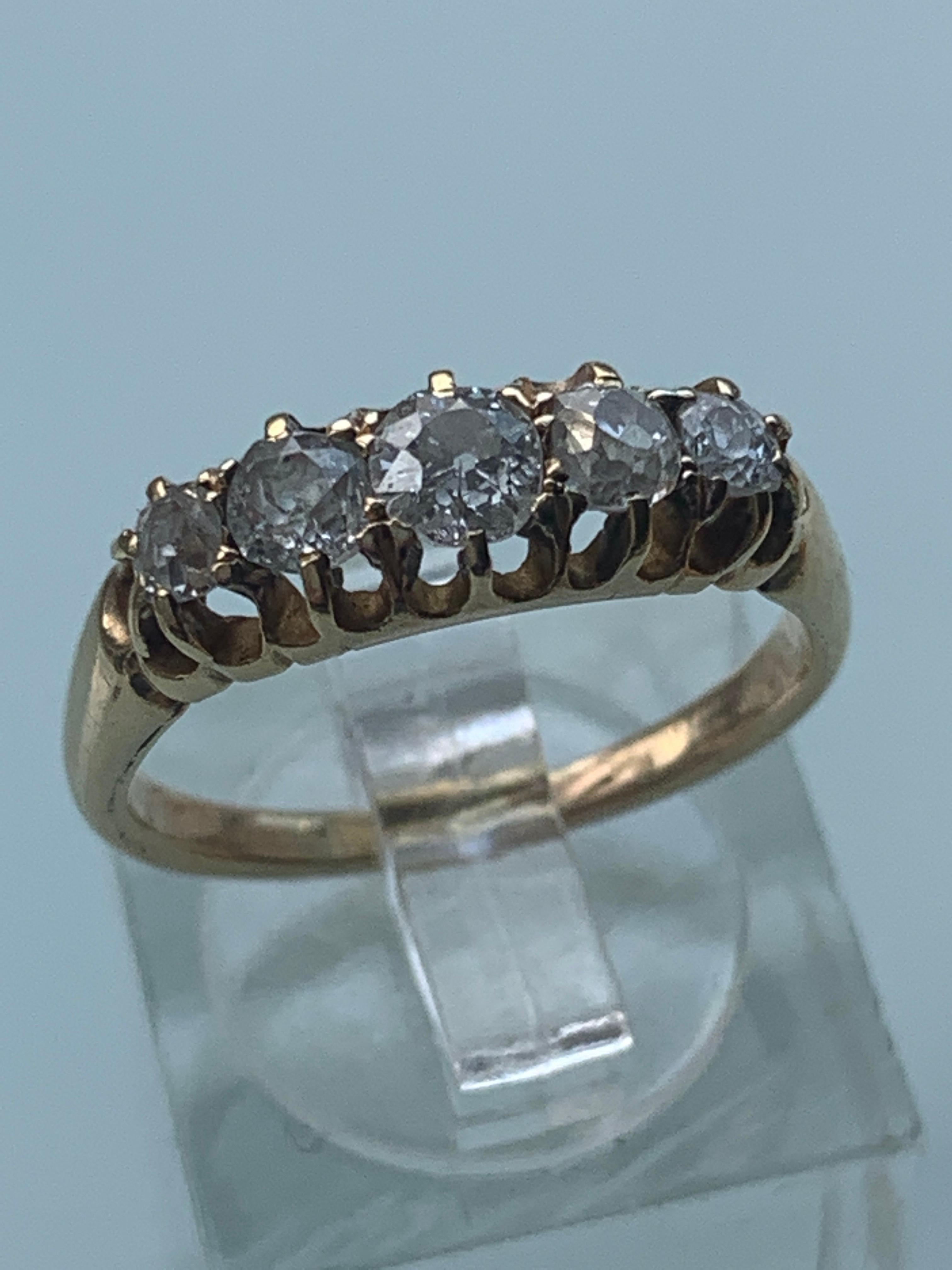 18ct Gold Victorian Diamond Ring 
0.7 Carats approx
Comprising of  Five Old Mine Cut Solitaires
in a secure 18ct 750 Gold Ring
Band is un hallmarked or stamped

