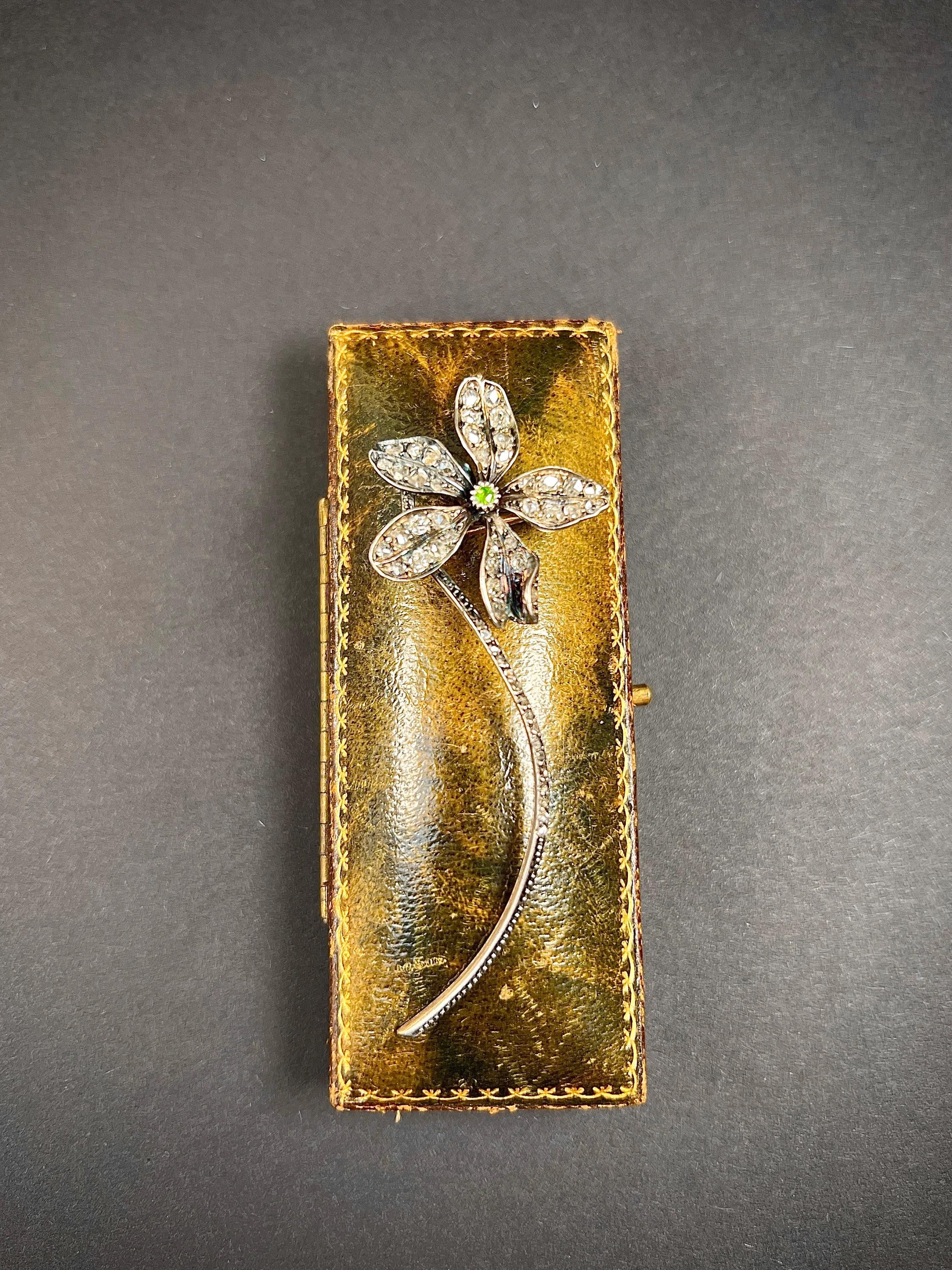 18ct Gold, Victorian Rose Cut Diamond & Demantoid Garnet Flower Pendant Brooch 6