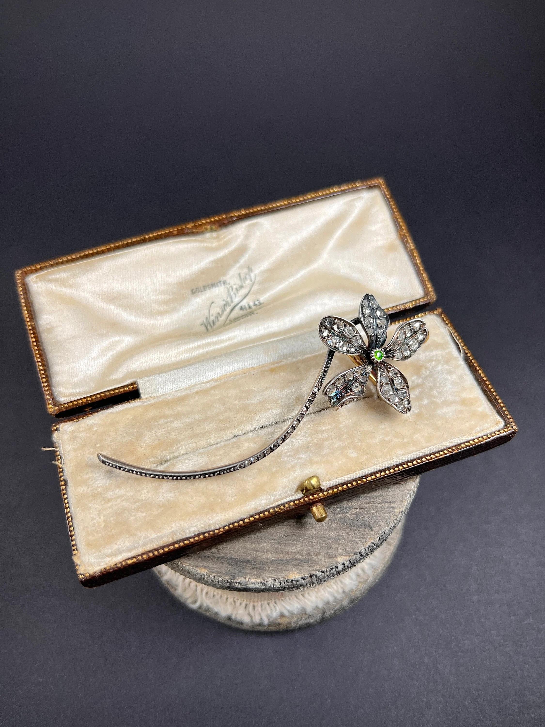 18ct Gold, Victorian Rose Cut Diamond & Demantoid Garnet Flower Pendant Brooch 7