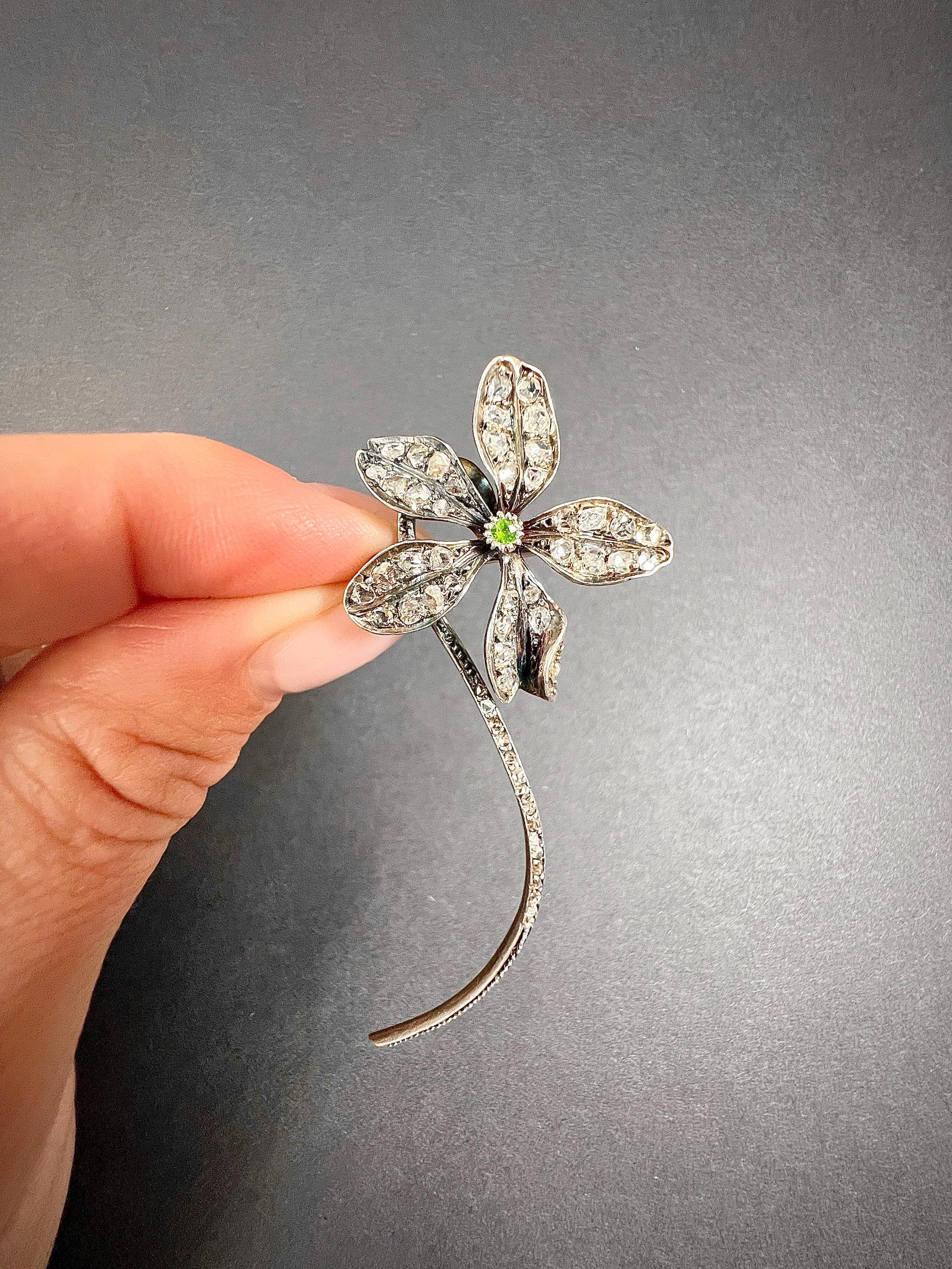 18ct Gold, Victorian Rose Cut Diamond & Demantoid Garnet Flower Pendant Brooch 1