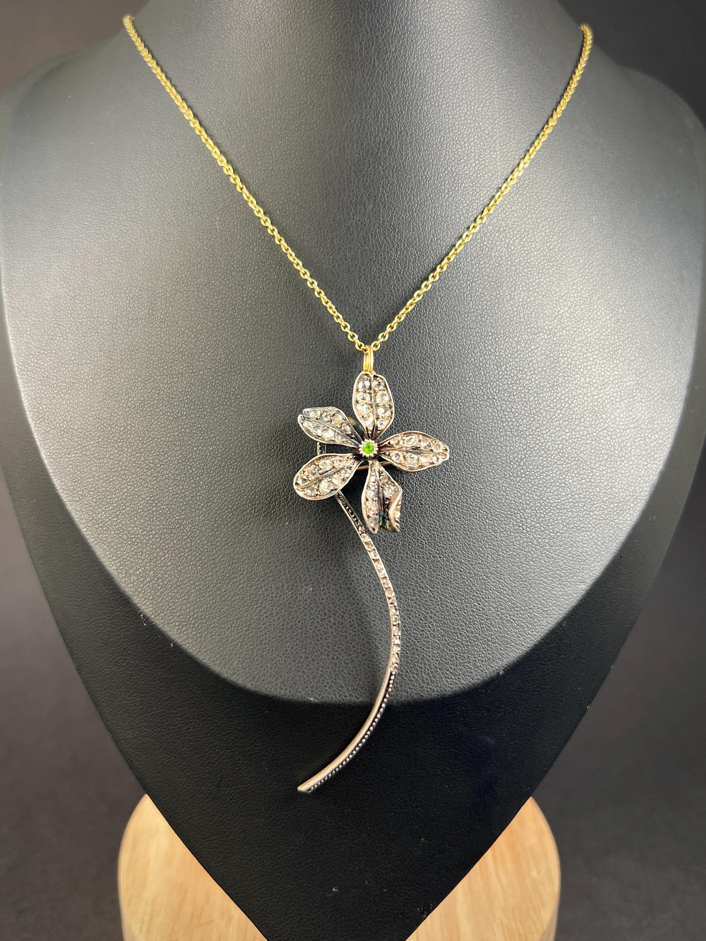18ct Gold, Victorian Rose Cut Diamond & Demantoid Garnet Flower Pendant Brooch 4