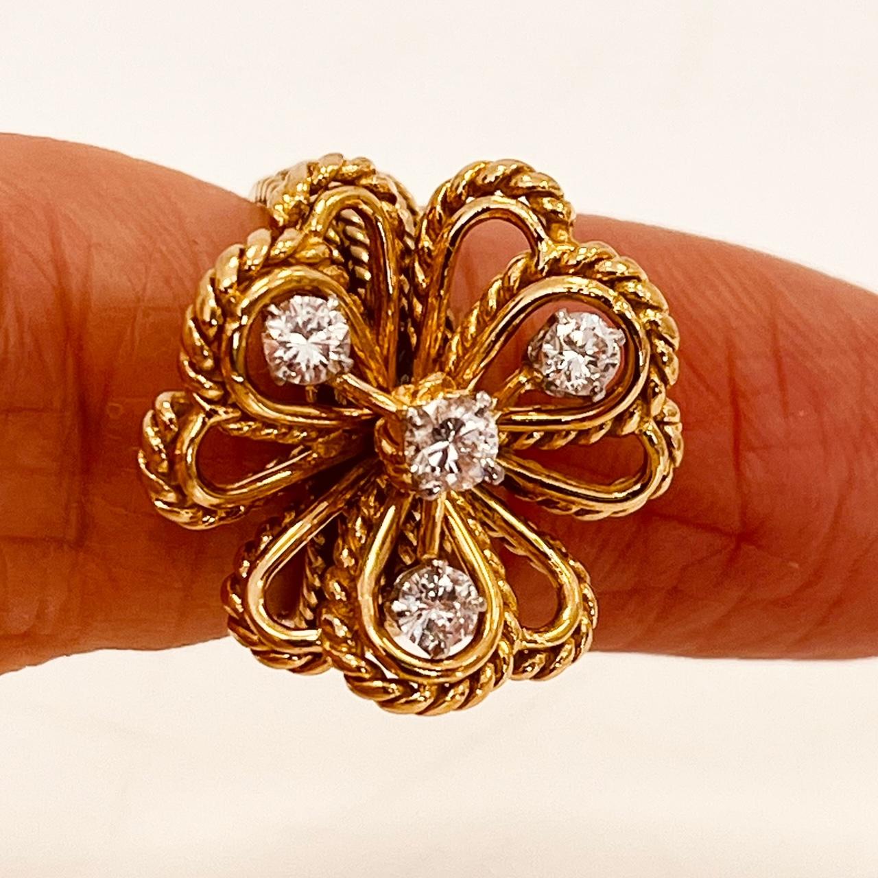 18ct Gold Vintage Flower Ring Suspending Four Brilliant Cut Diamonds Circa 1960s For Sale 1