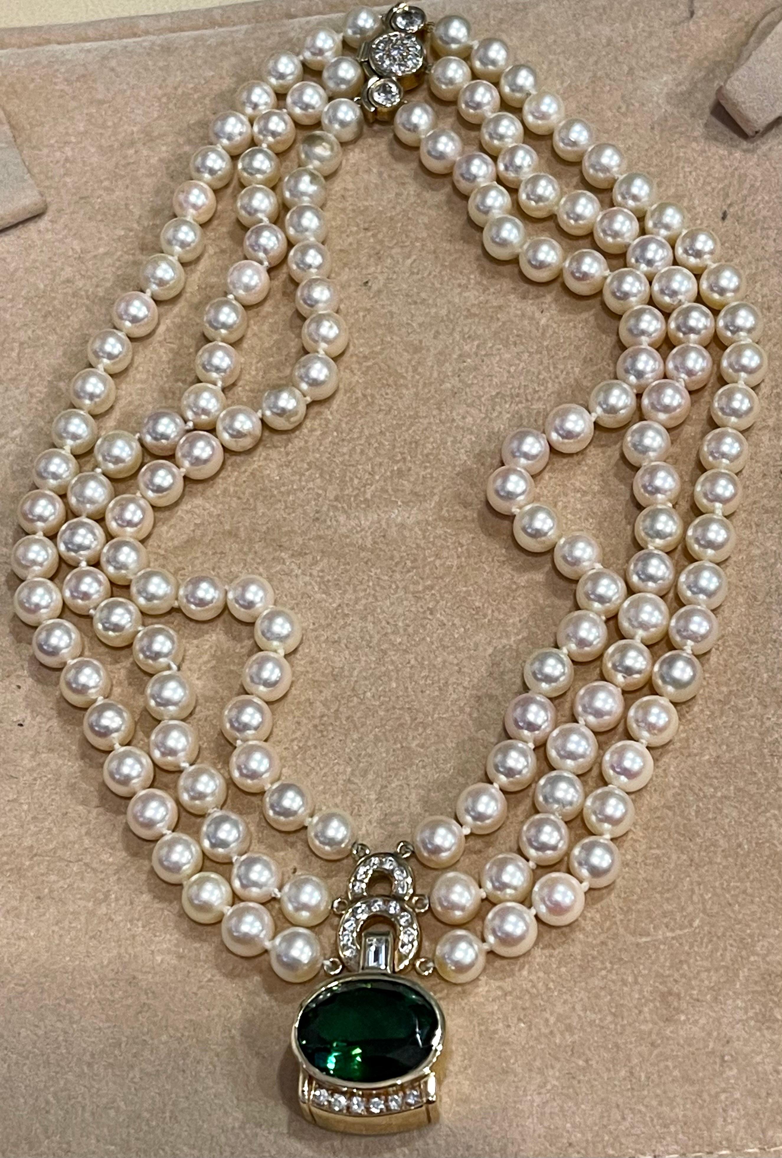 Collier en or 14 carats et triples perles, tourmaline verte 18 carats et diamants 2,5 carats en vente 6