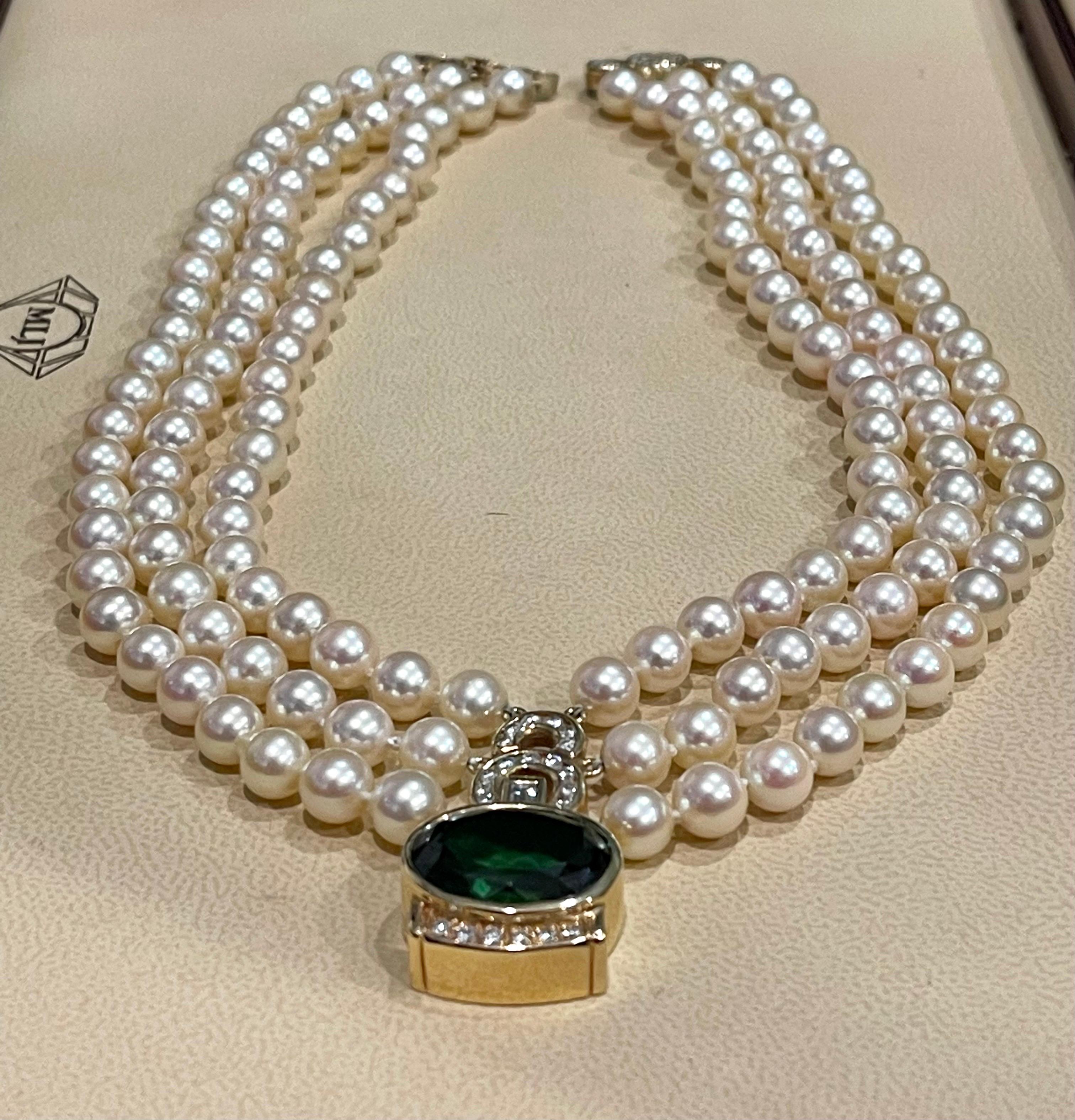 18Ct Green Tourmaline & 2.5Ct Diamond Necklace 14 KY Gold & Triple Pearl Layers For Sale 8