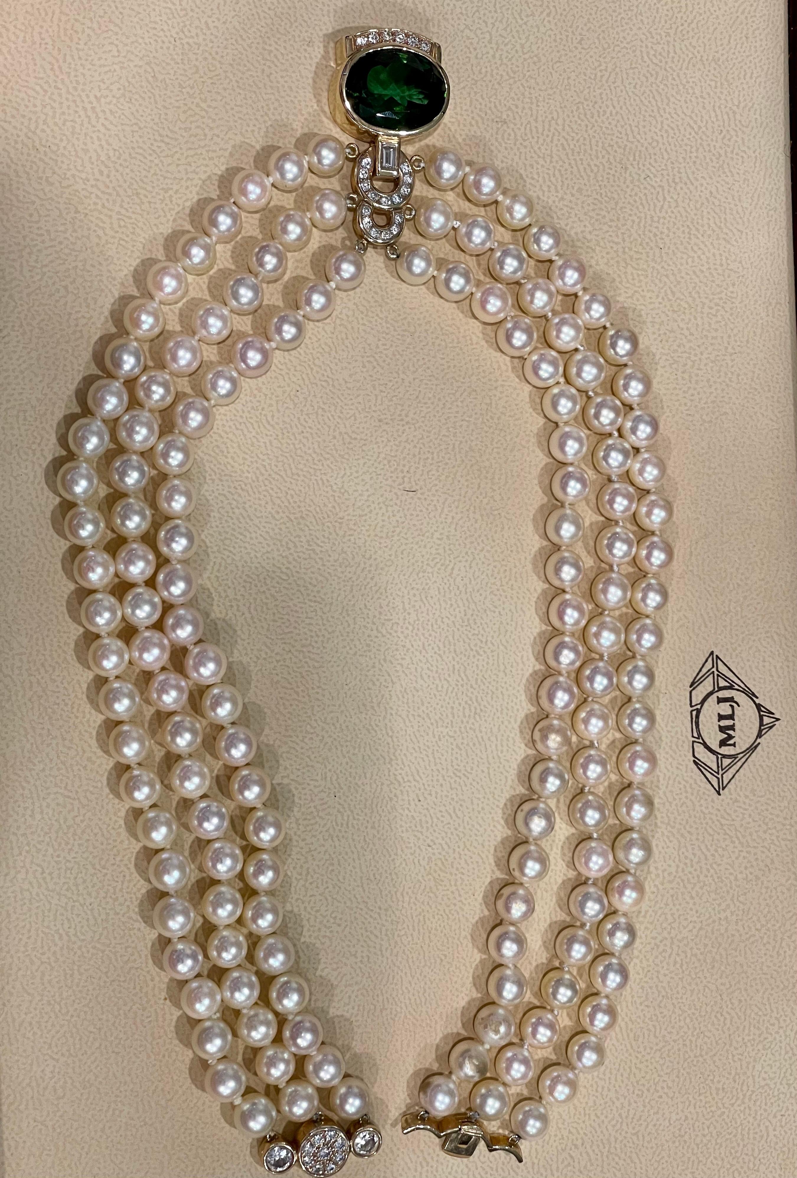Collier en or 14 carats et triples perles, tourmaline verte 18 carats et diamants 2,5 carats en vente 10