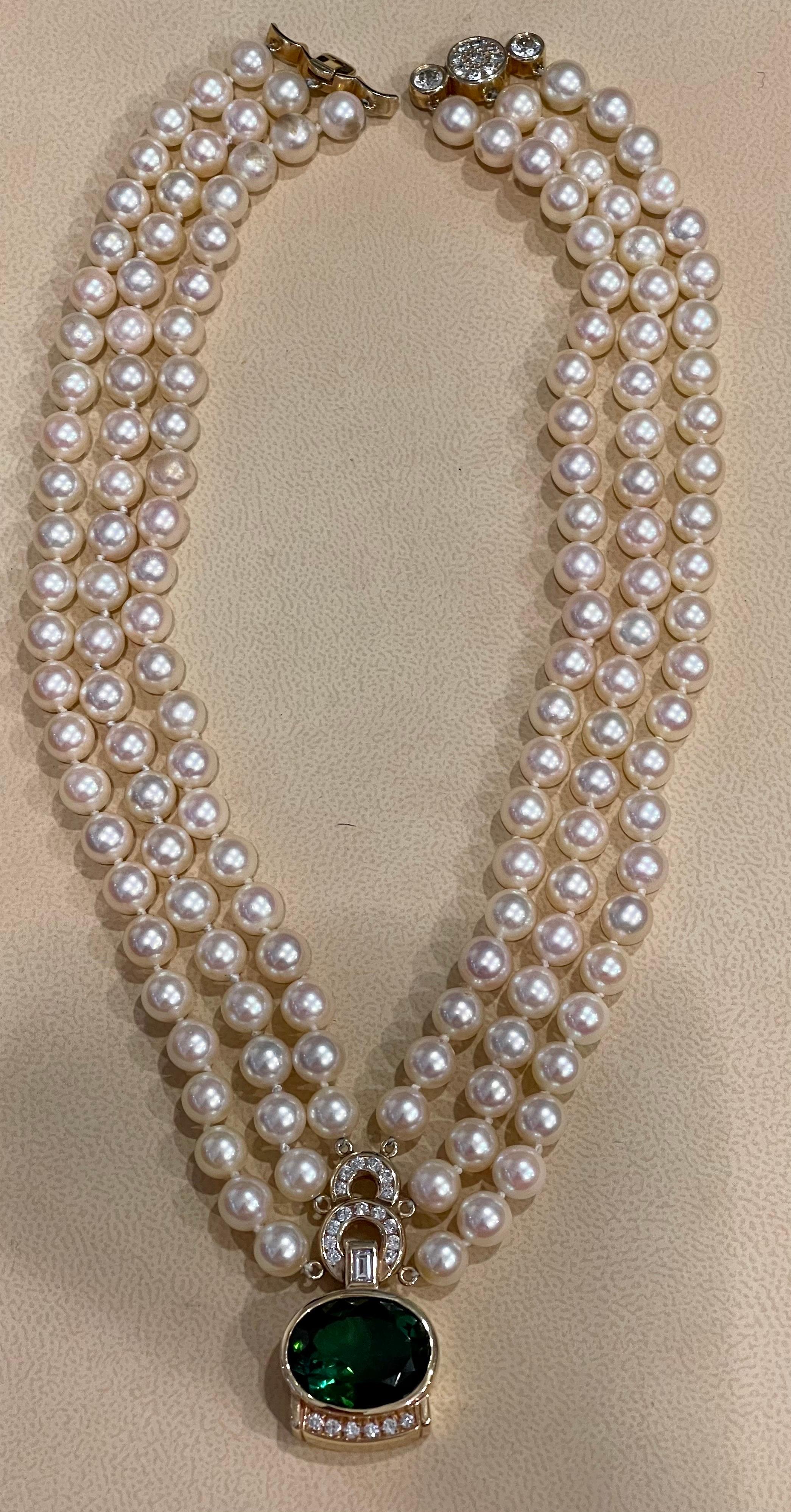 Collier en or 14 carats et triples perles, tourmaline verte 18 carats et diamants 2,5 carats en vente 13