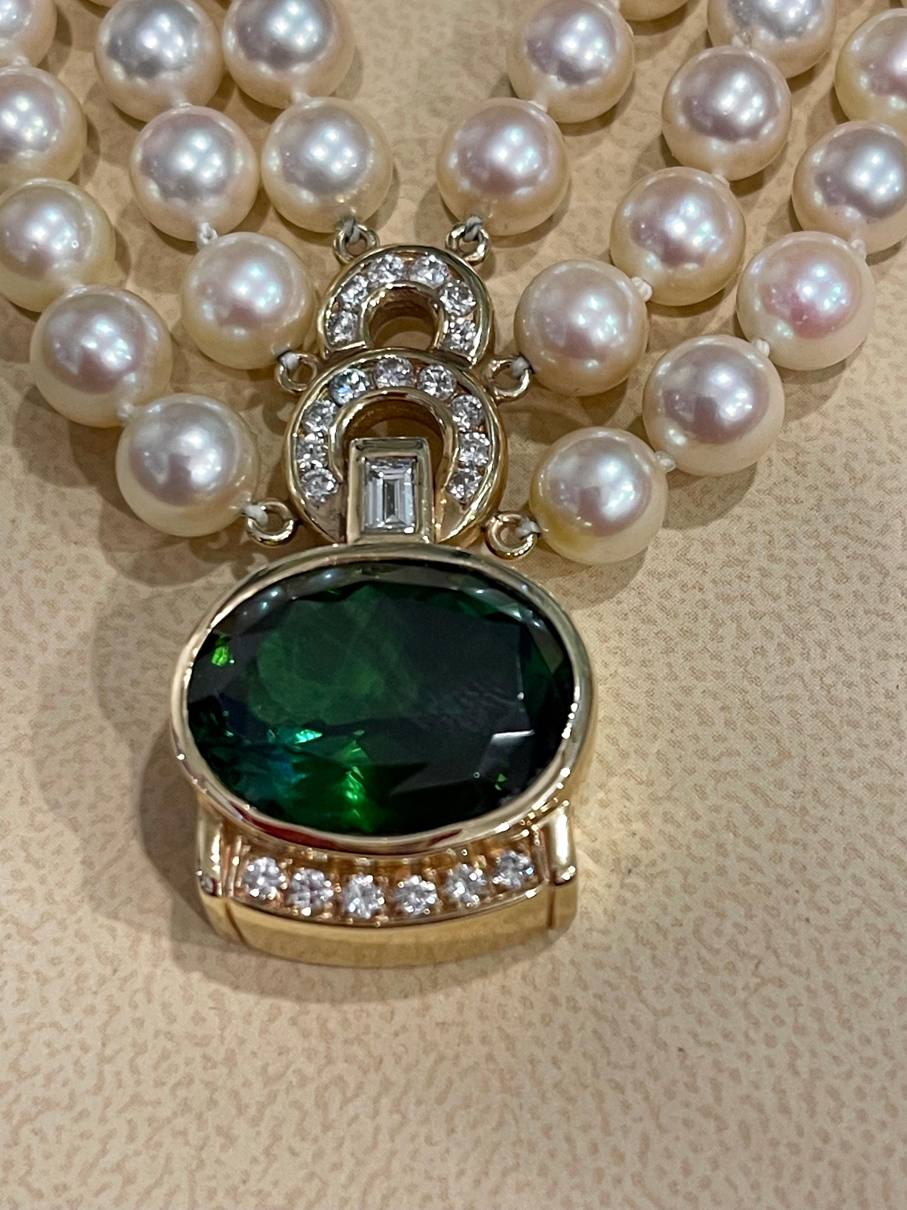 18Ct Green Tourmaline & 2.5Ct Diamond Necklace 14 KY Gold & Triple Pearl Layers For Sale 13