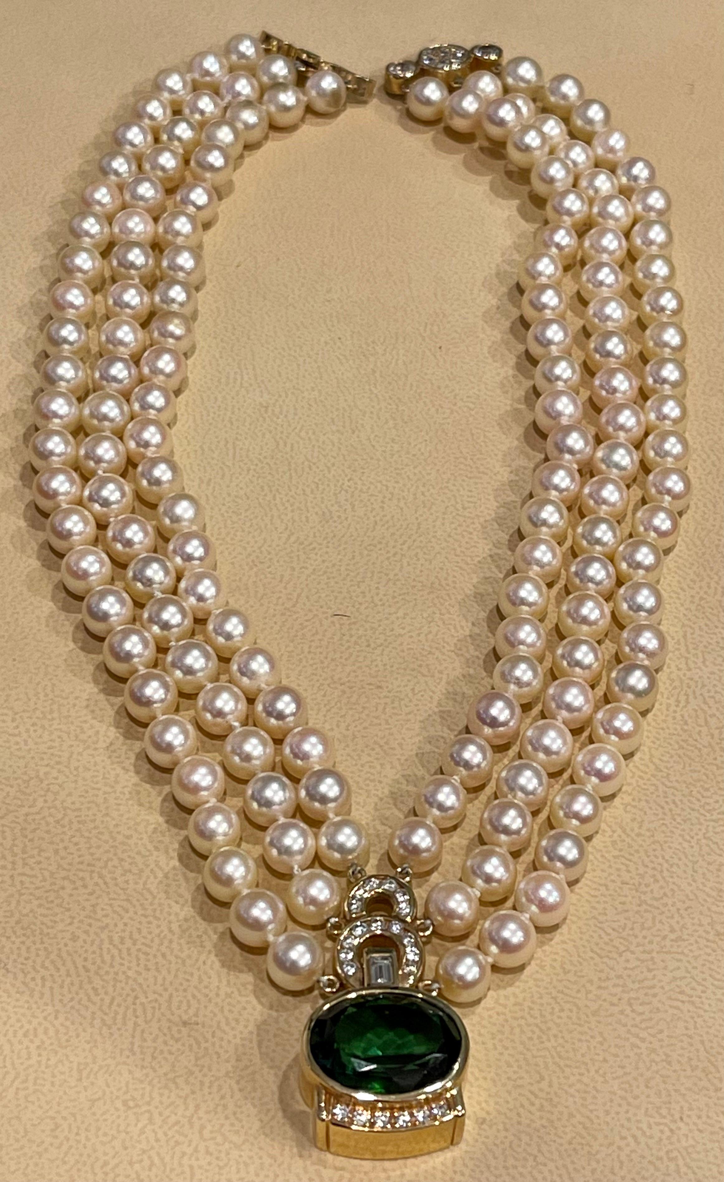 Collier en or 14 carats et triples perles, tourmaline verte 18 carats et diamants 2,5 carats en vente 15