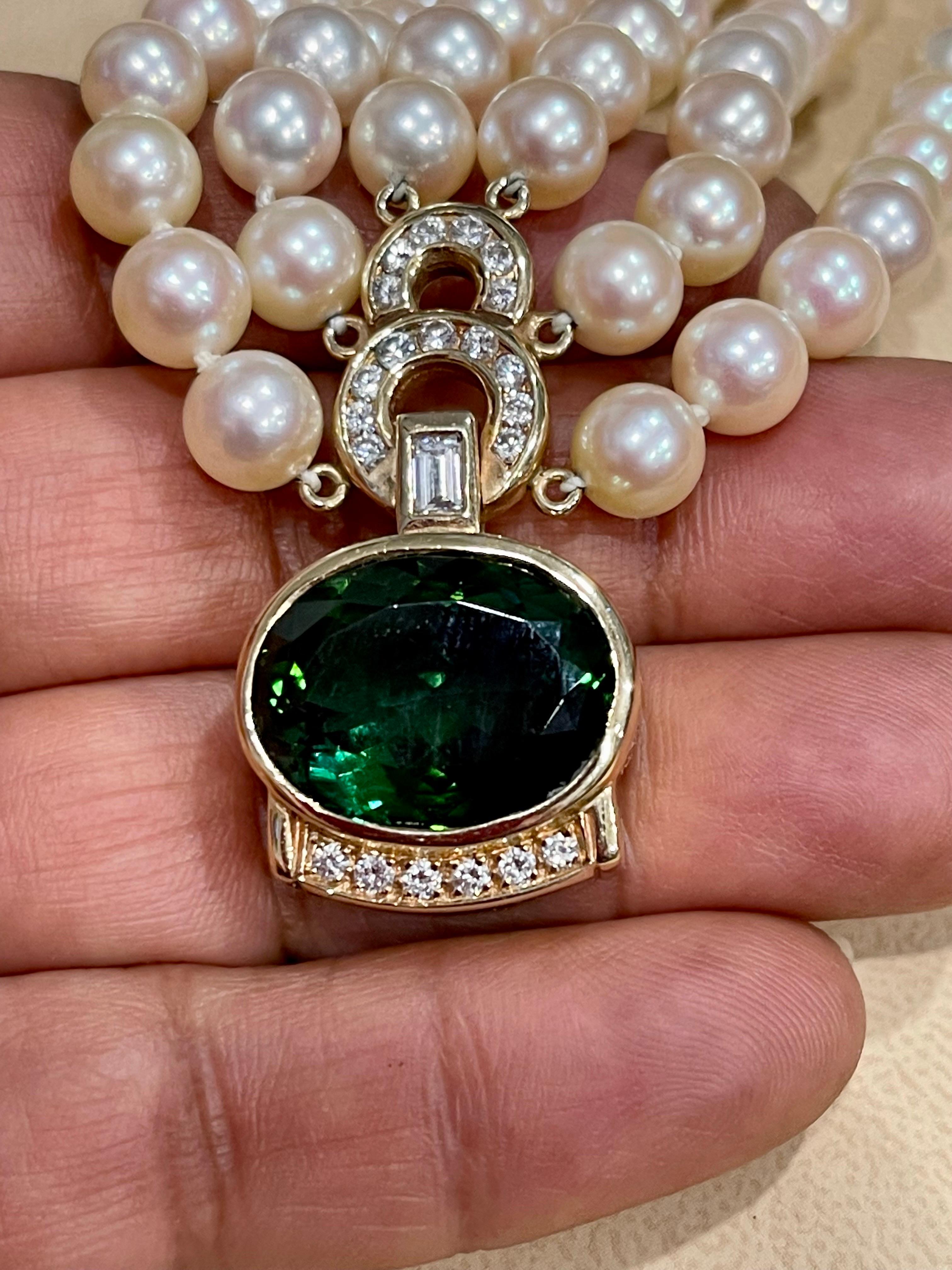 Oval Cut 18Ct Green Tourmaline & 2.5Ct Diamond Necklace 14 KY Gold & Triple Pearl Layers For Sale