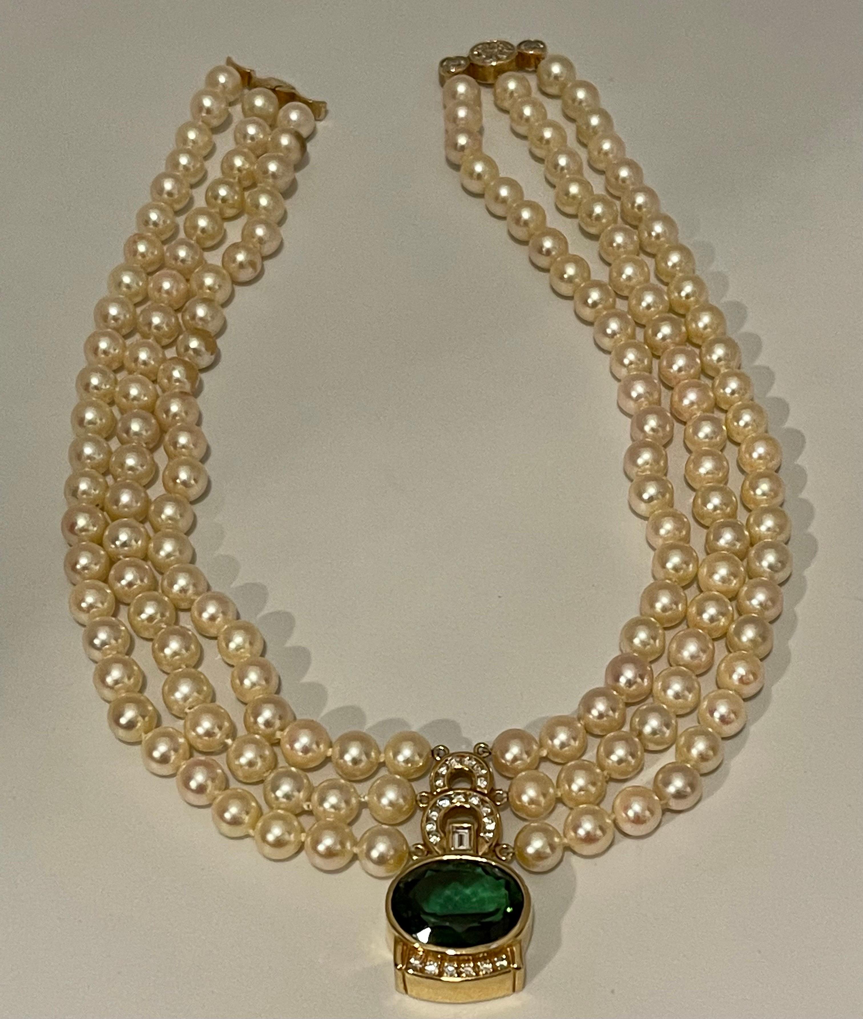 18Ct Green Tourmaline & 2.5Ct Diamond Necklace 14 KY Gold & Triple Pearl Layers For Sale 3