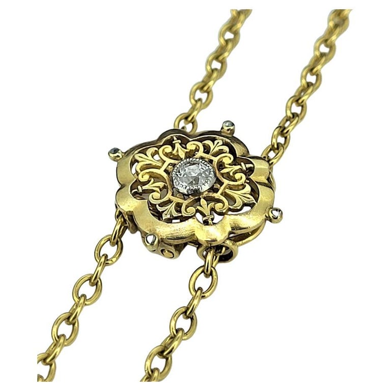 18ct Longuard/Guard/Muff Chain with Diamond Clasp For Sale at 1stDibs