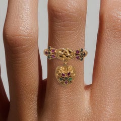 18ct Mid Victorian Heart Locket Lover's Ring with Rubies, Emeralds, and Diamonds