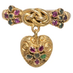 18ct Mid Victorian Heart Locket Lover's Ring with Rubies, Emeralds, and Diamonds