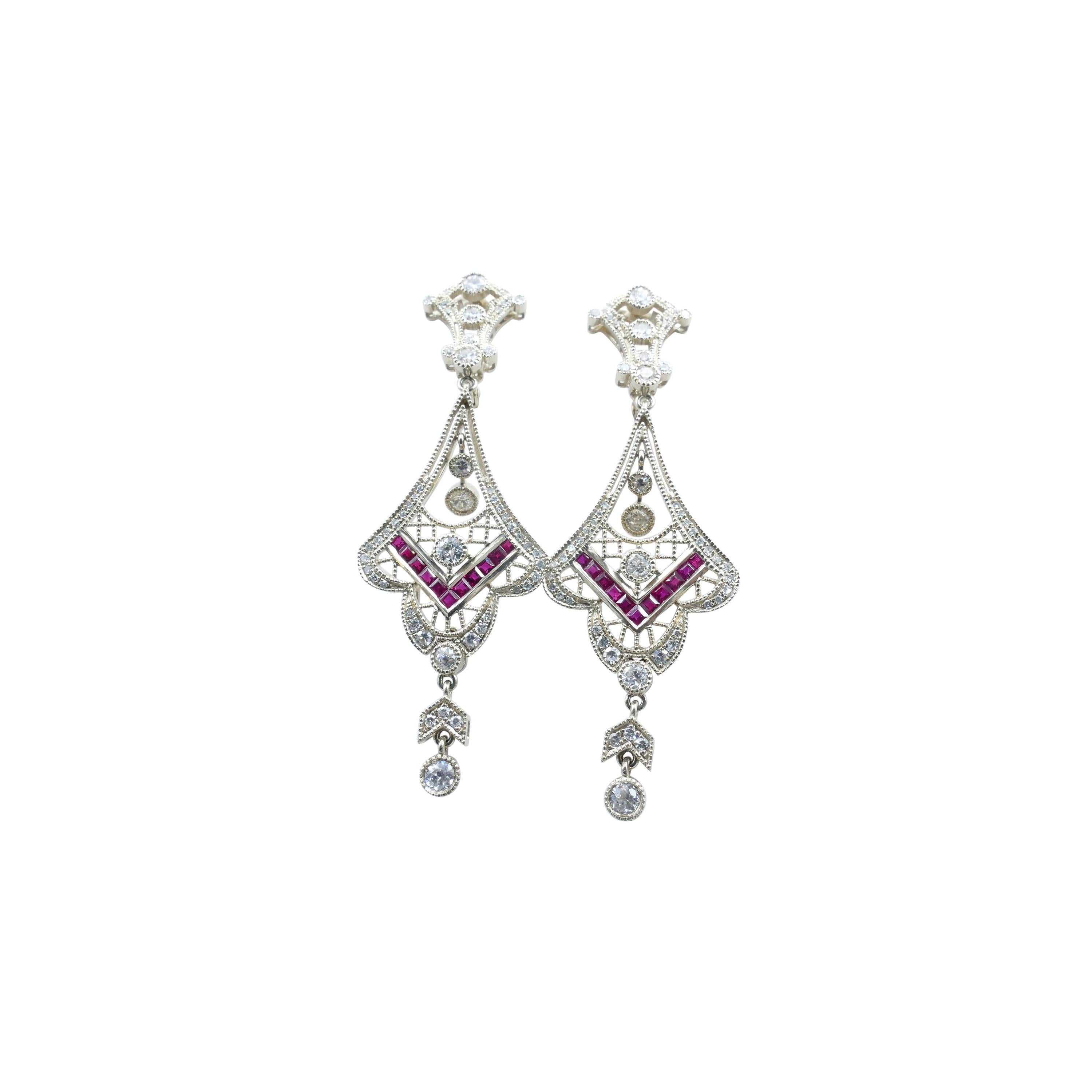 18ct Modern Ruby & Multi Diamond Drop Earrings For Sale