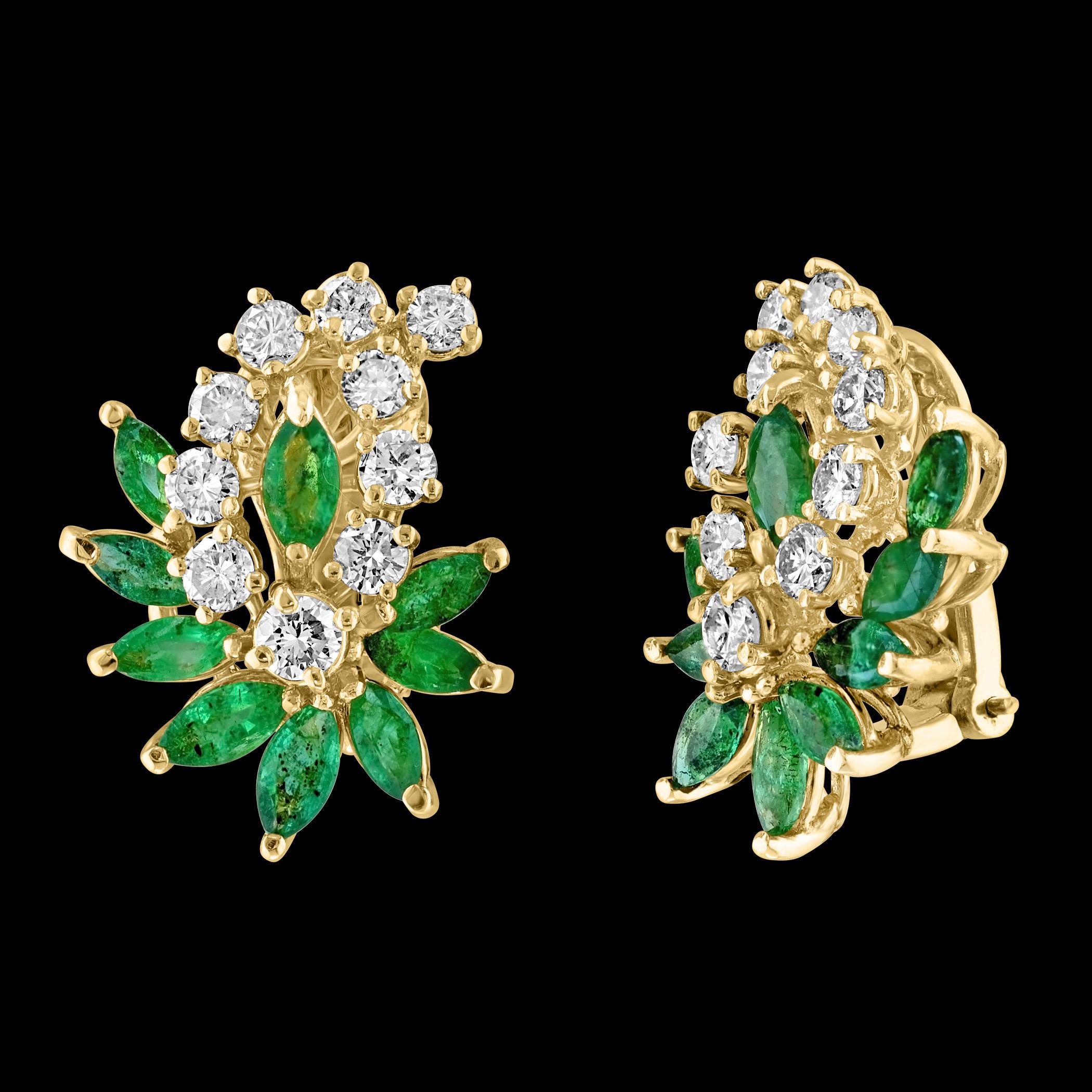 1.8Ct Natural Brazilin Marquise Emerald & 2.0 Ct Diamond Clip on Earring 18 KYG
 
This exquisite pair of earrings are beautifully crafted in 18 Karat Yellow gold
Weight of 18 Karat gold is 13.5 Grams with emeralds.
9 Extreme fine Marquise shape