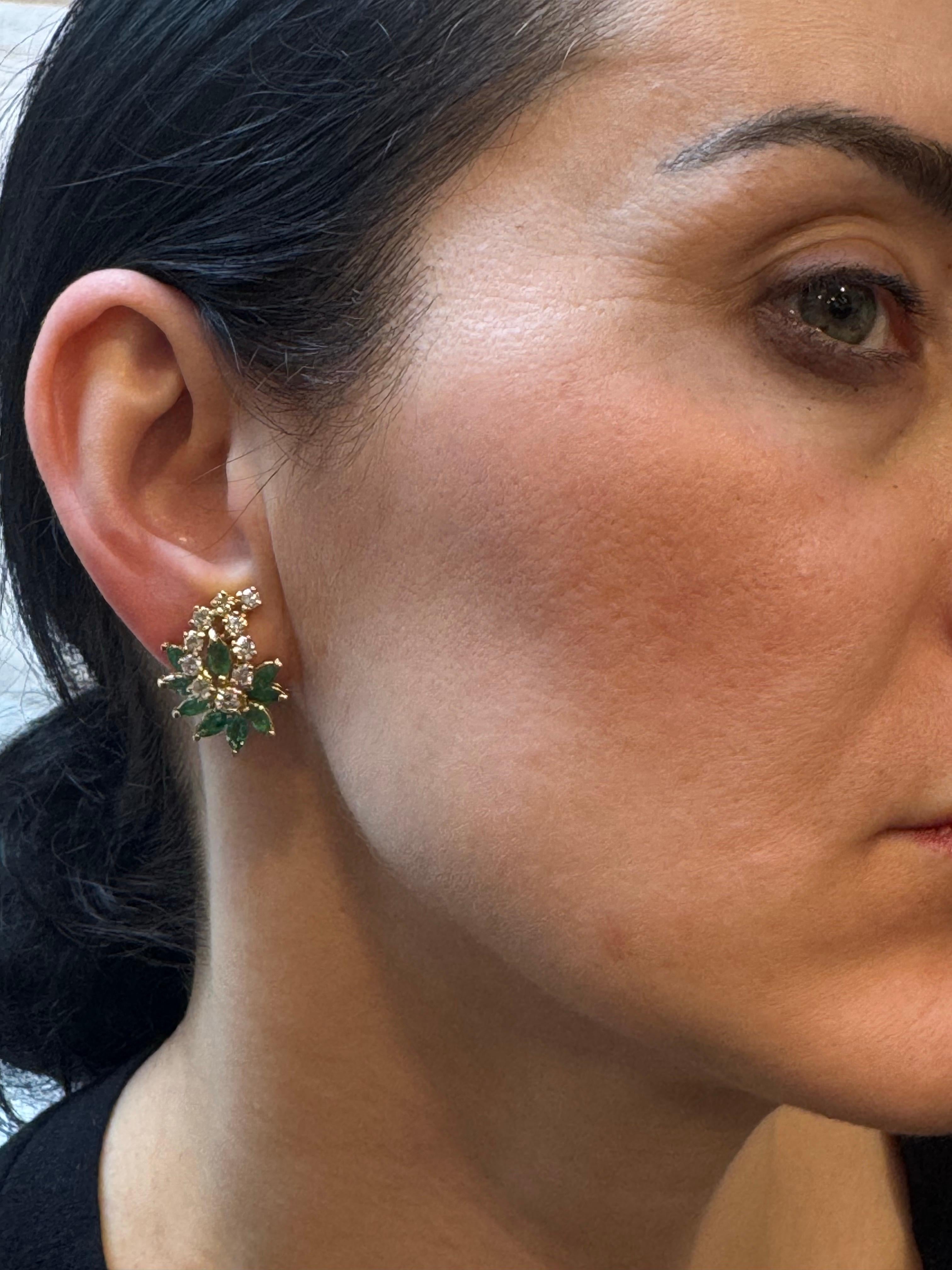 Marquise Cut 1.8Ct Natural Brazilin Marquise Emerald & 2.0 Ct Diamond Clip on Earring 18 KYG For Sale