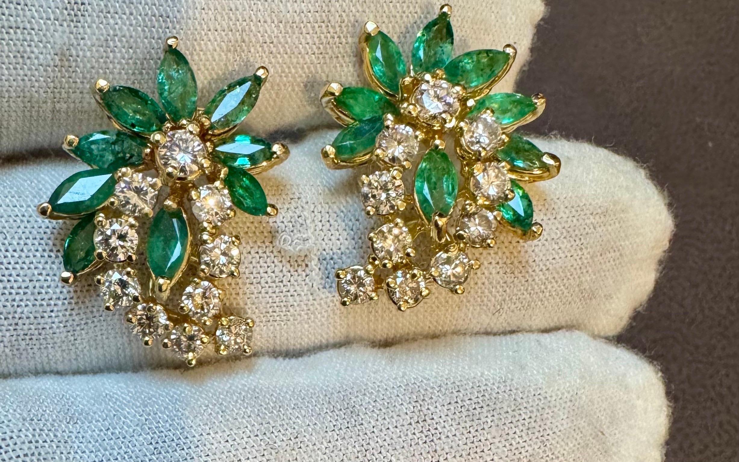 1.8Ct Natural Brazilin Marquise Emerald & 2.0 Ct Diamond Clip on Earring 18 KYG In Excellent Condition For Sale In New York, NY
