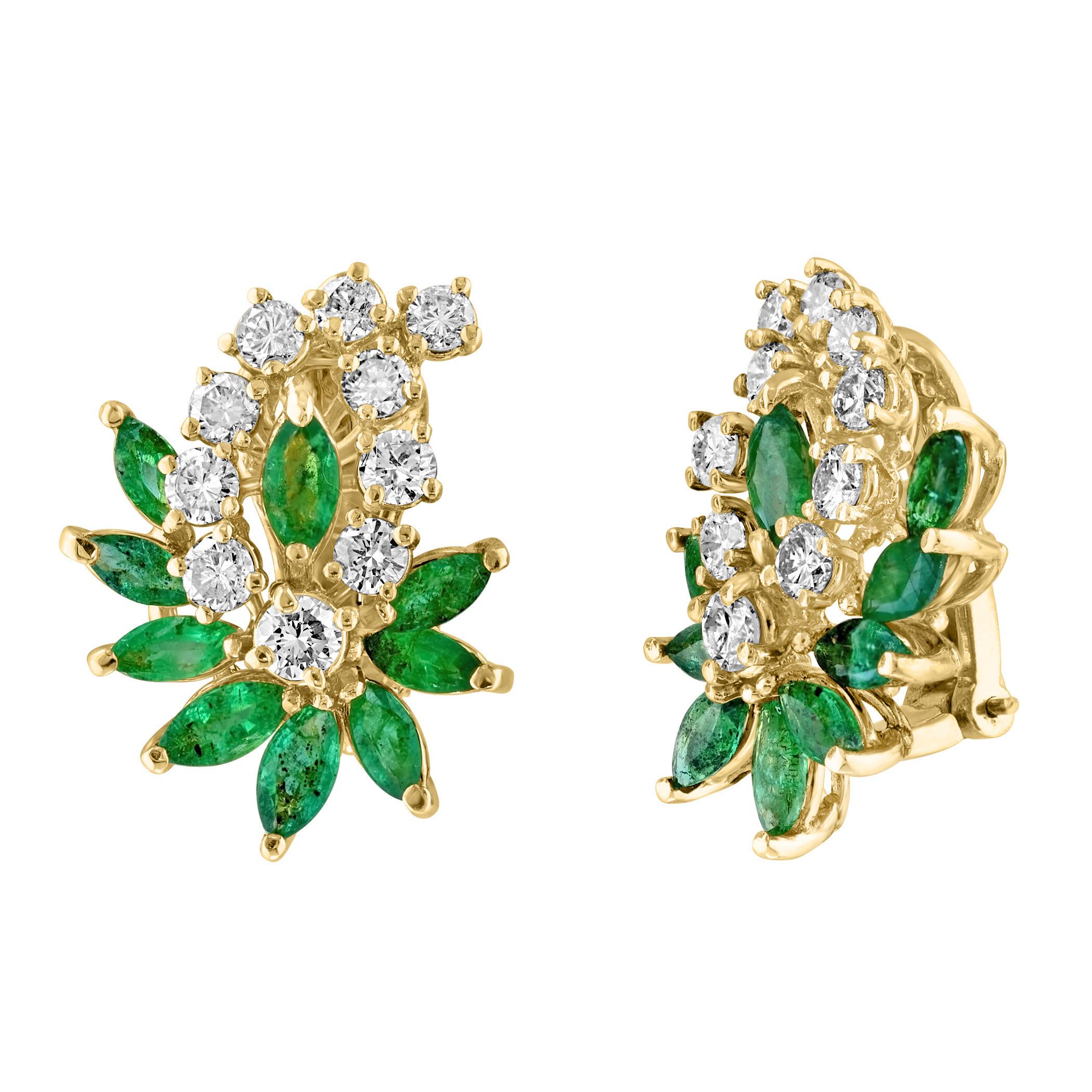 1.8Ct Natural Brazilin Marquise Emerald & 2.0 Ct Diamond Clip on Earring 18 KYG