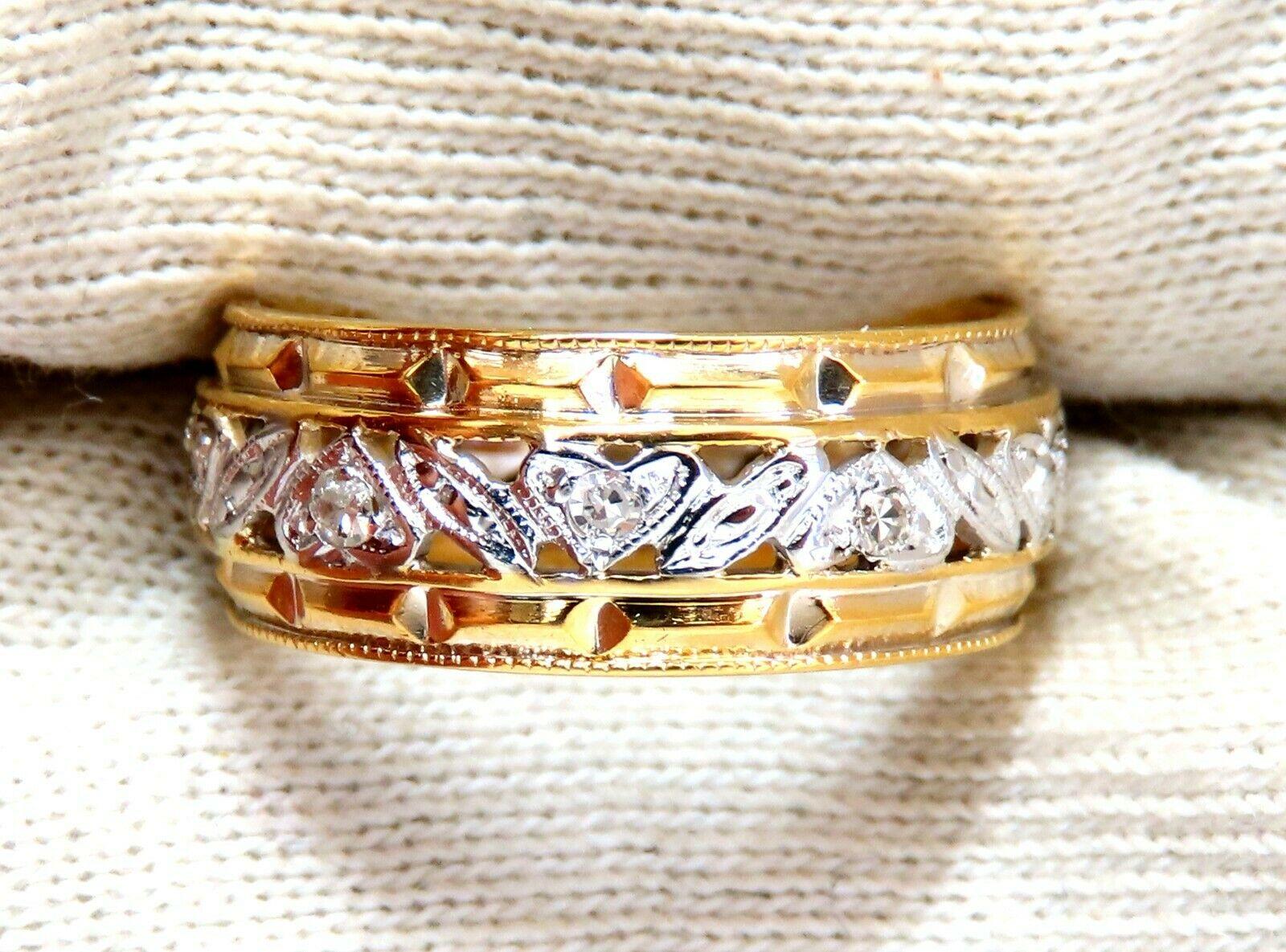 Vintage Everyday Eternity.

.18ct. Natural diamonds

Durable Built.

Vs-2 clarity  G/H color.

14kt yellow gold.

4.6 Grams

Overall ring: 7.6mm diameter

Depth: 2mm

Current ring size: 7