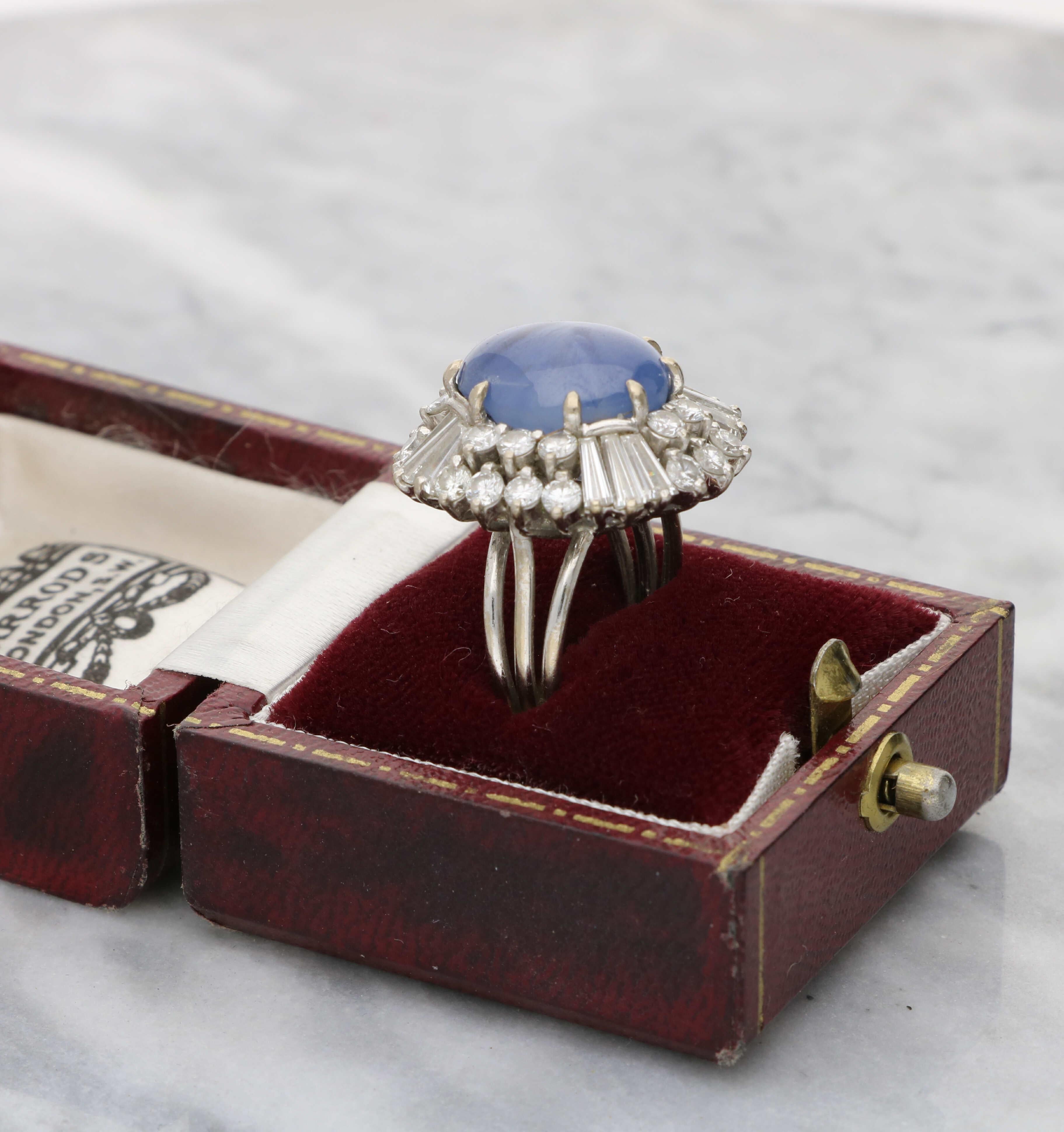 Art Deco 18ct natural star sapphire and diamond cluster ring For Sale