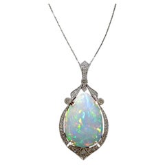 18ct Opal Pendant w Earth Mined Diamonds in Solid 14K White Gold Pear 28x20mm