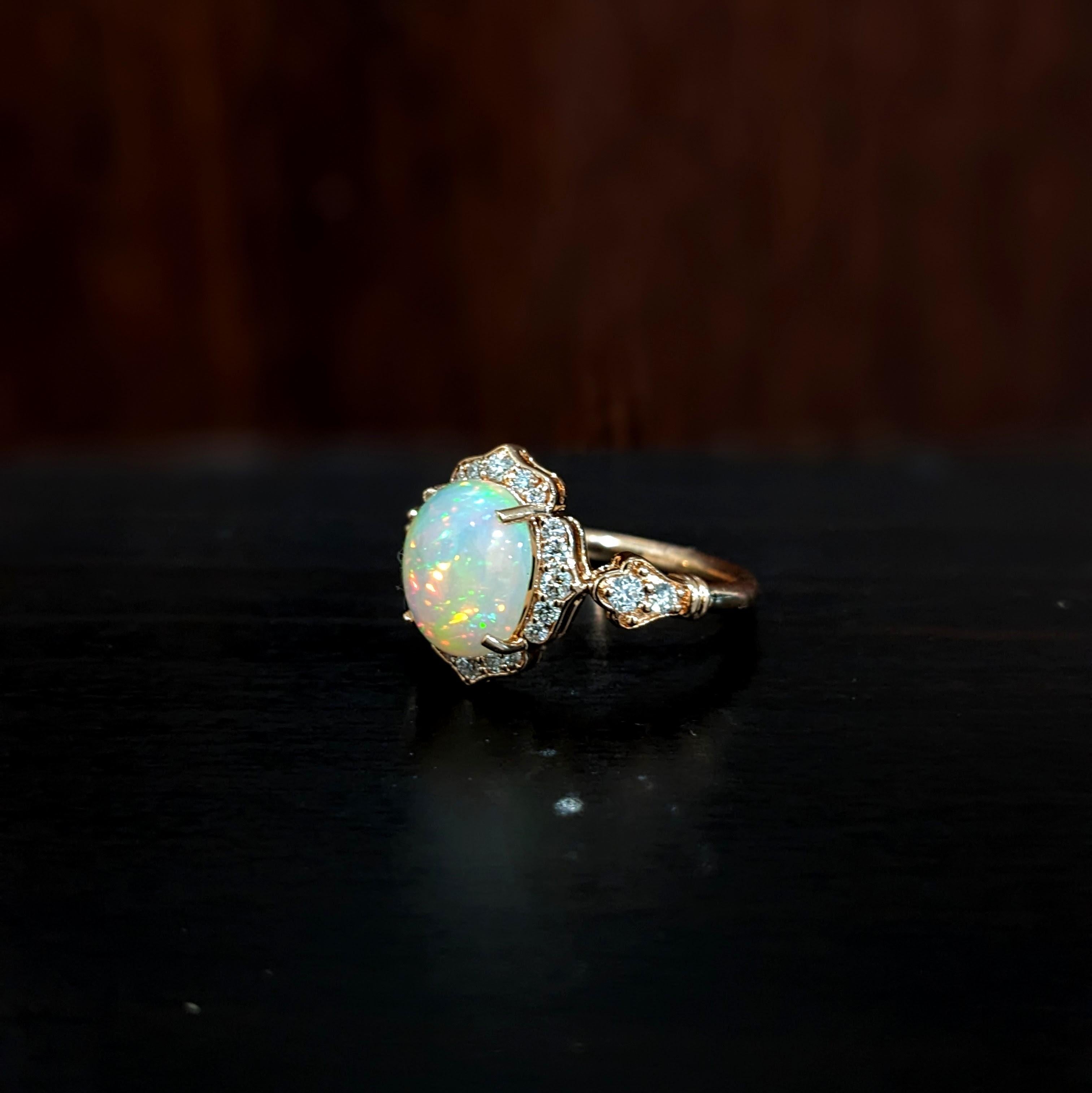 Art Deco 1.8ct Opal Ring w Earth Mined Diamonds in Solid 14K Rose Gold Oval 9x7mm