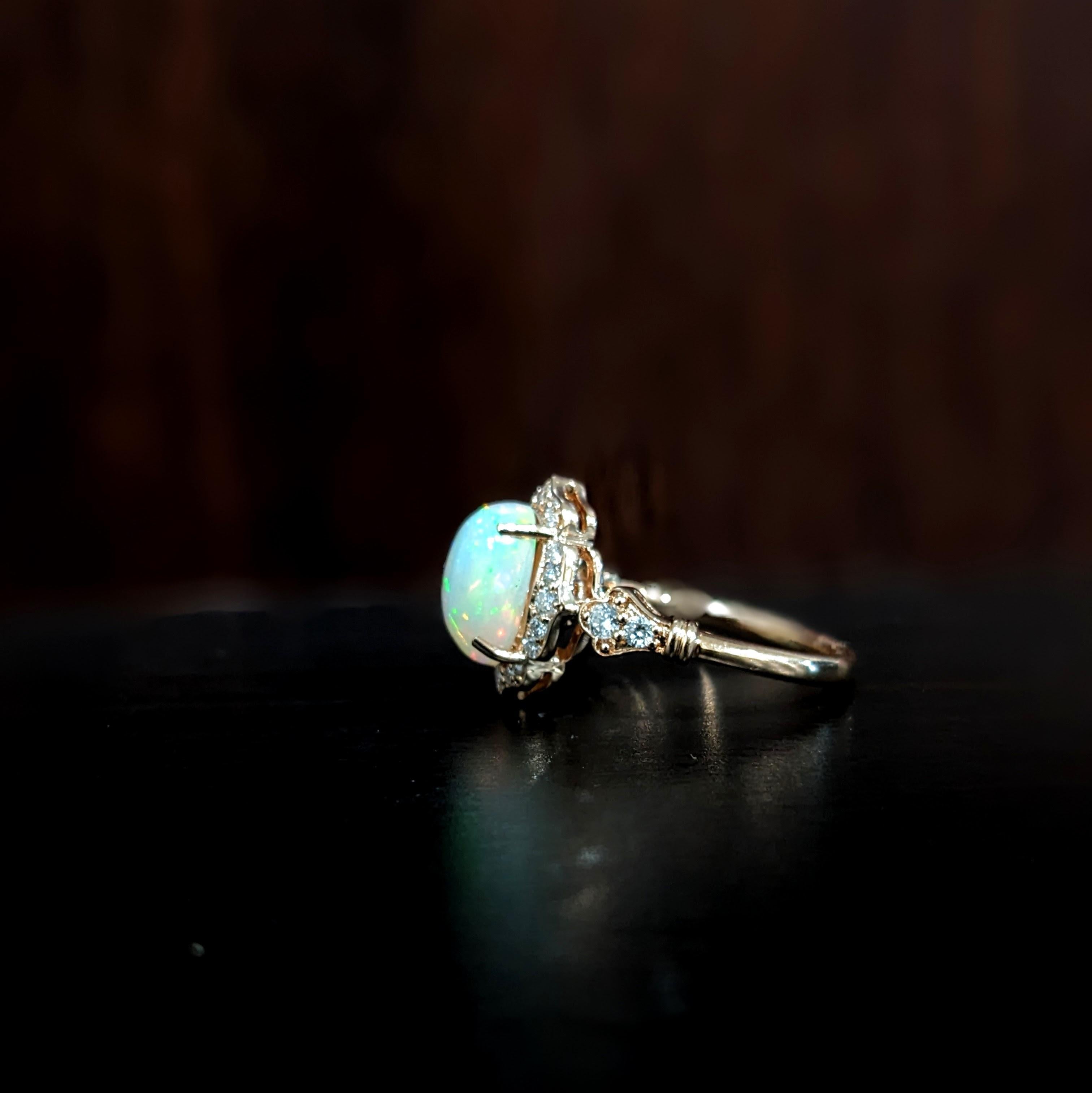Oval Cut 1.8ct Opal Ring w Earth Mined Diamonds in Solid 14K Rose Gold Oval 9x7mm