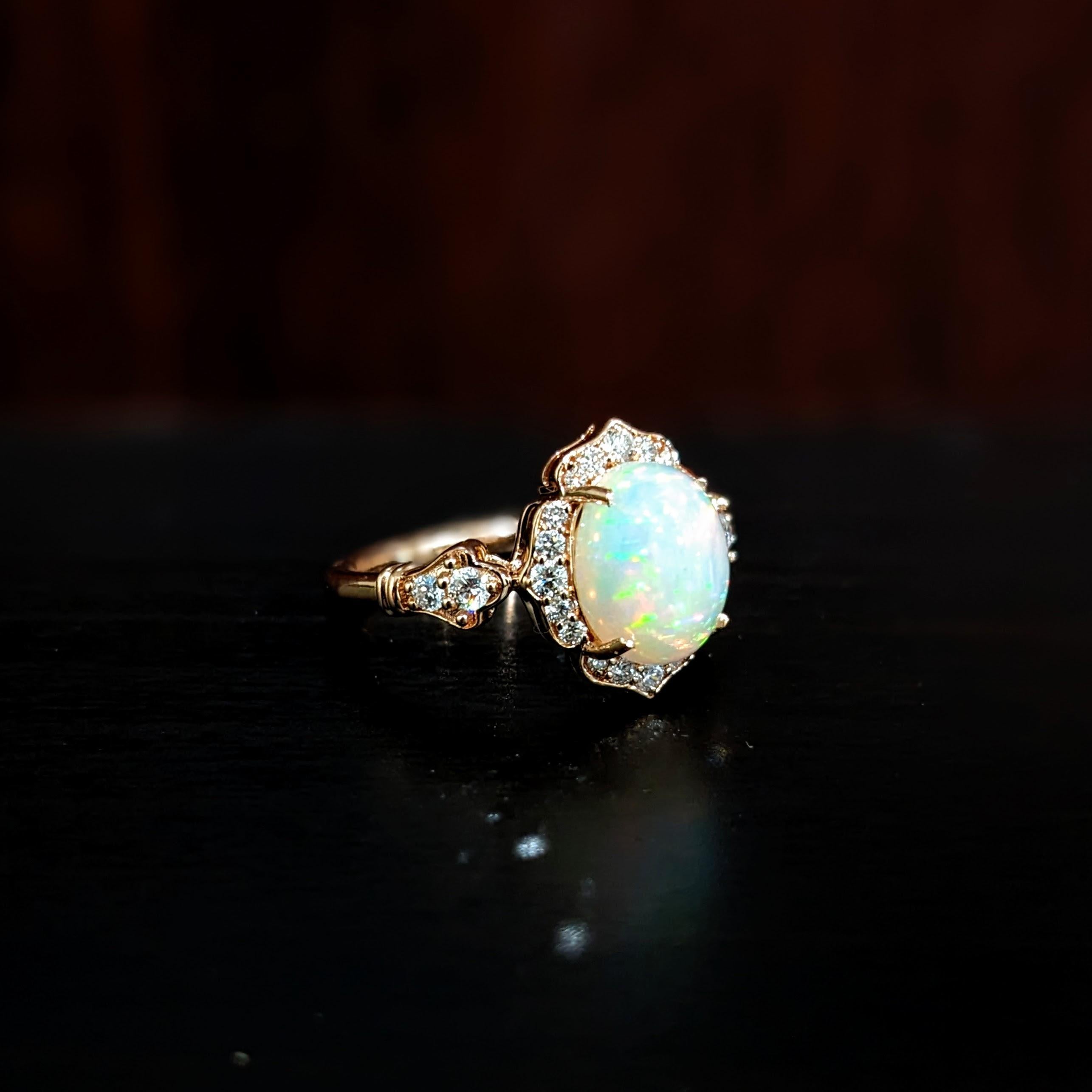 1.8ct Opal Ring w Earth Mined Diamonds in Solid 14K Rose Gold Oval 9x7mm In New Condition In Columbus, OH