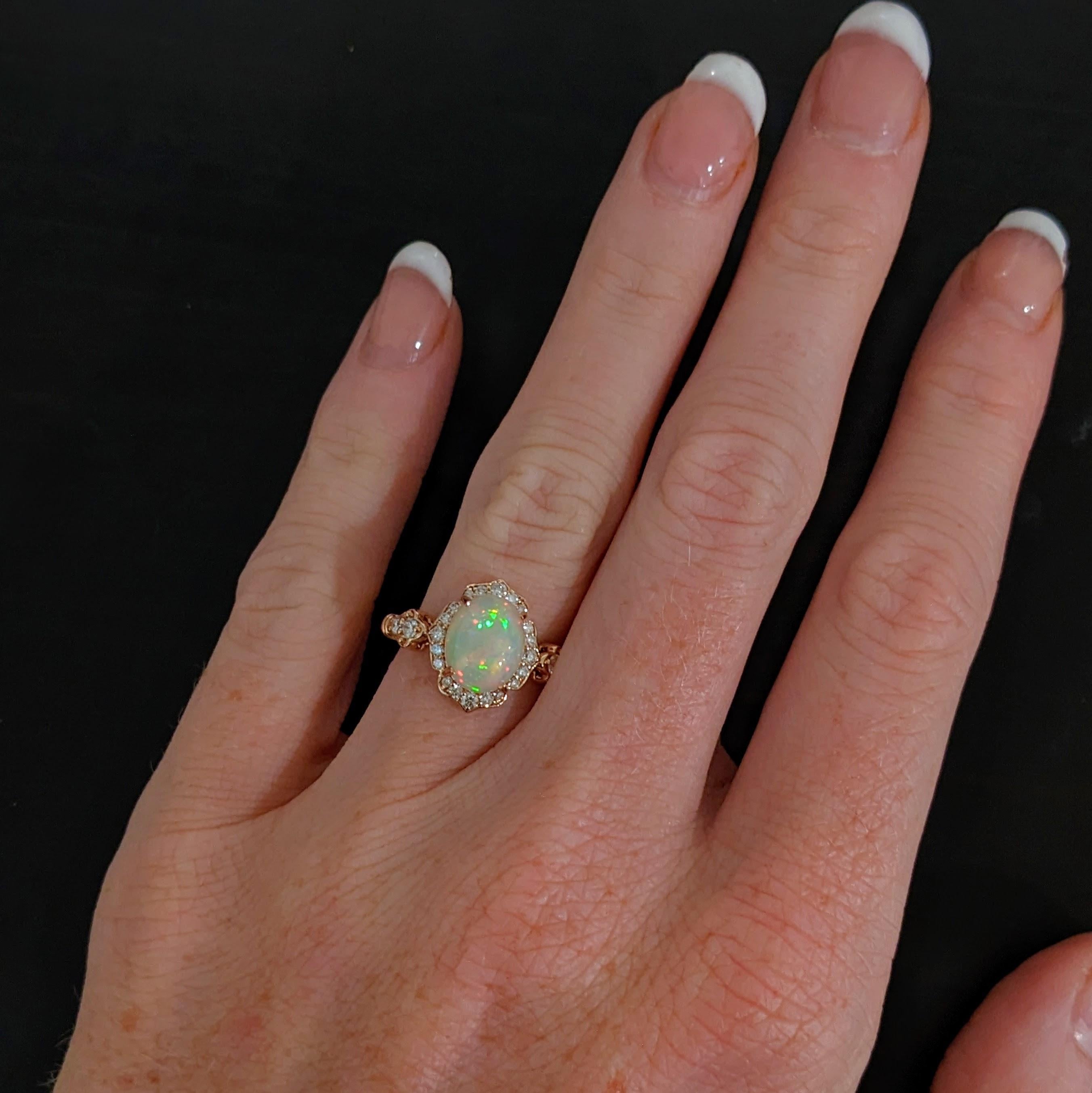 Women's 1.8ct Opal Ring w Earth Mined Diamonds in Solid 14K Rose Gold Oval 9x7mm