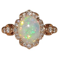 1.8ct Opal Ring w Earth Mined Diamonds in Solid 14K Rose Gold Oval 9x7mm