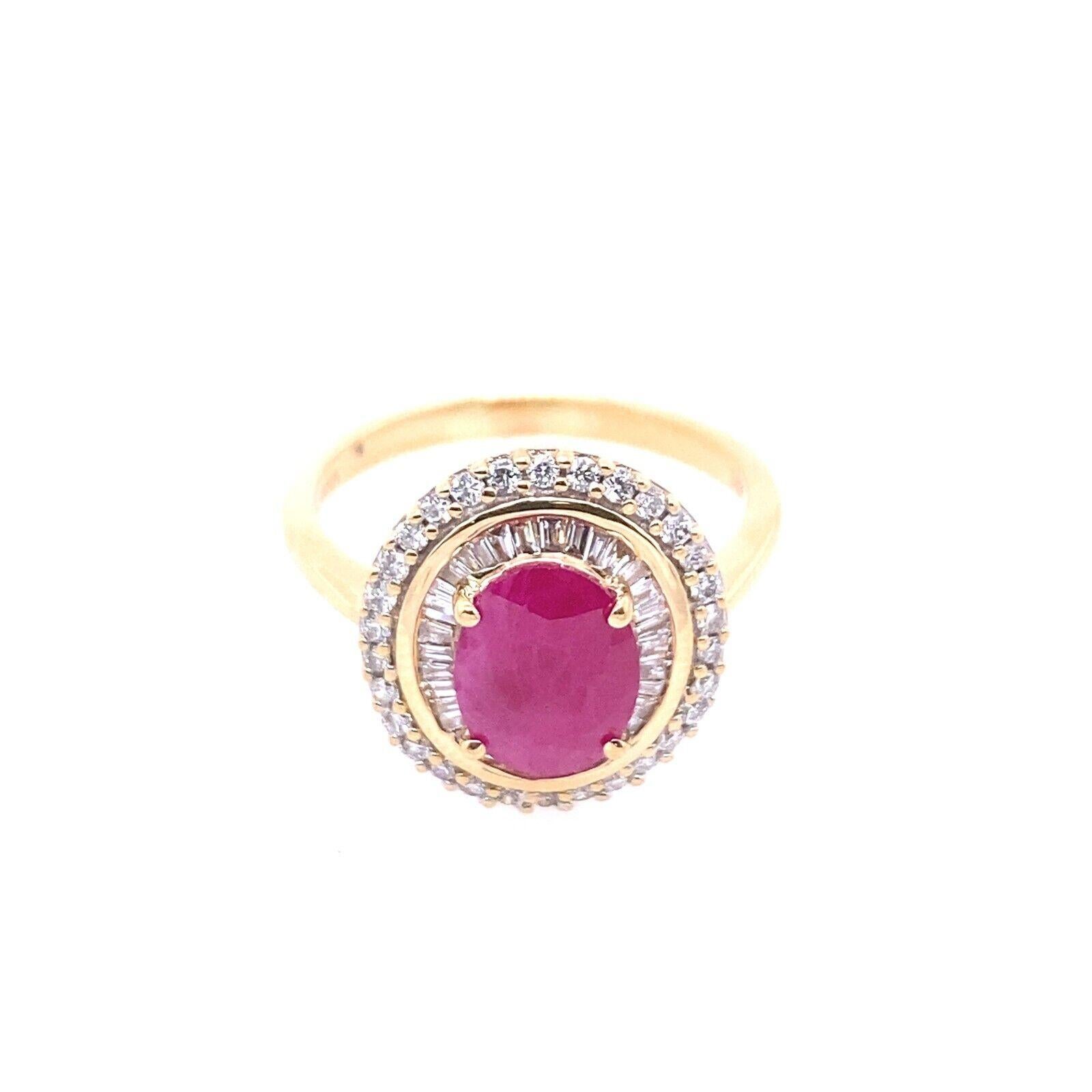 This gorgeous oval Ruby ring set in 18ct Yellow Gold setting. The oval Ruby is surrounded by 1 row of baguettes and 1 row of round brilliant cut Diamonds. This is a unique and eye-catching ring that stands out in any occasion.

Additional