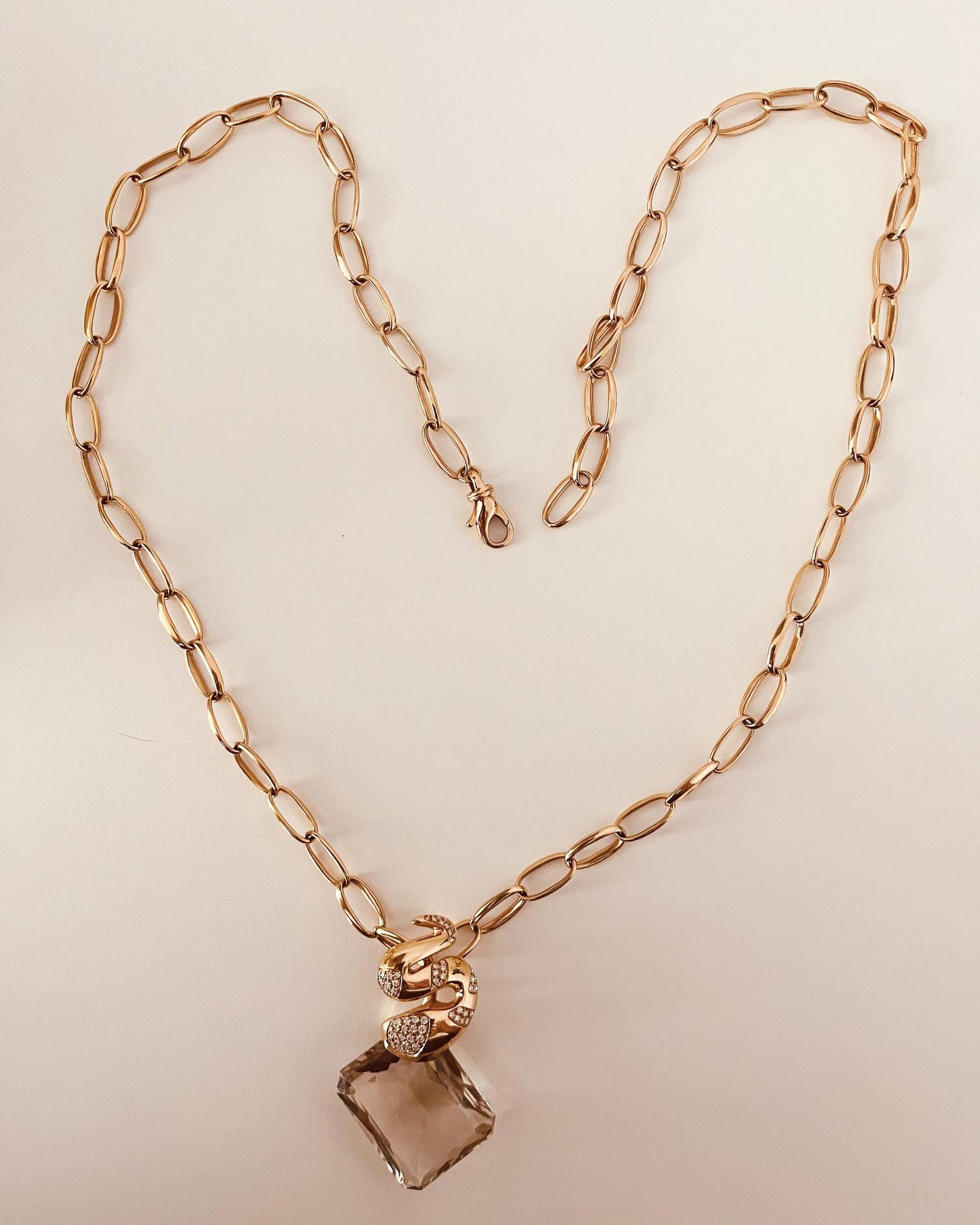 18ct Pink Gold 74cm Chain Suspending A Diamond Set Snake To A Rectangular Quartz For Sale 5