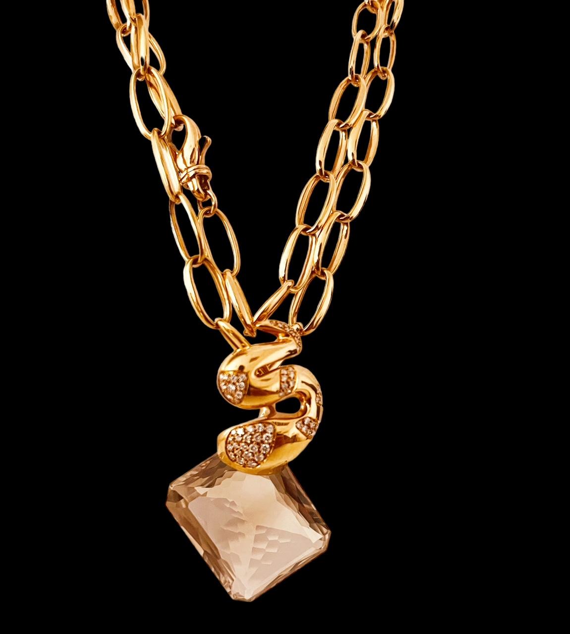 Women's 18ct Pink Gold 74cm Chain Suspending A Diamond Set Snake To A Rectangular Quartz For Sale