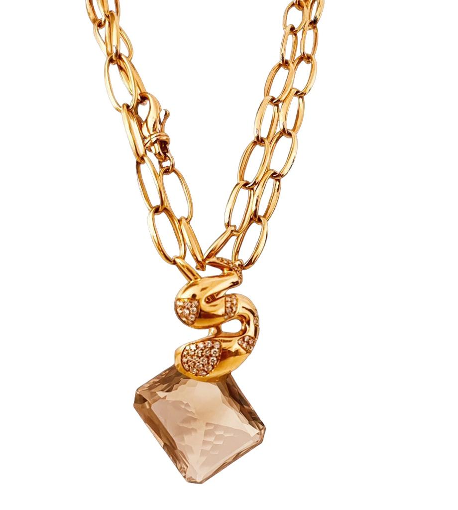 18ct Pink Gold 74cm Chain Suspending A Diamond Set Snake To A Rectangular Quartz For Sale 9