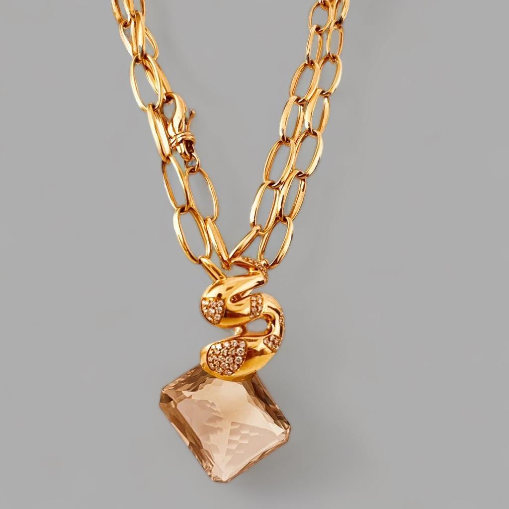 18ct Pink Gold 74cm Chain Suspending A Diamond Set Snake To A Rectangular Quartz For Sale 11