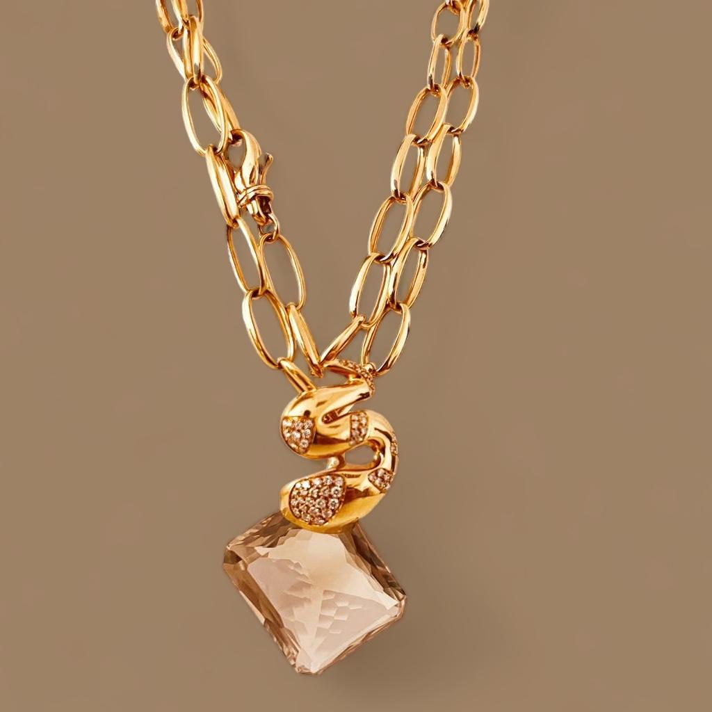 18ct Pink Gold 74cm Chain Suspending A Diamond Set Snake To A Rectangular Quartz For Sale 12