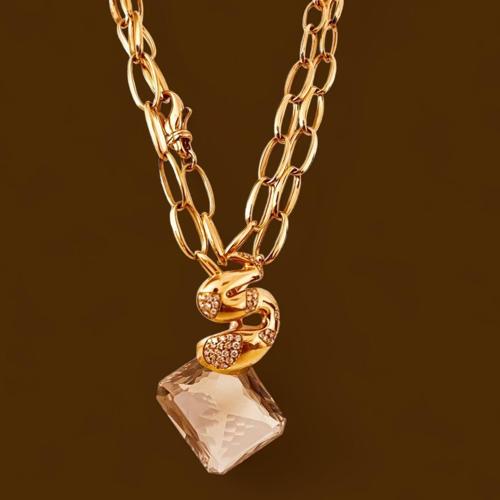 18ct Pink Gold 74cm Chain Suspending A Diamond Set Snake To A Rectangular Quartz For Sale 13