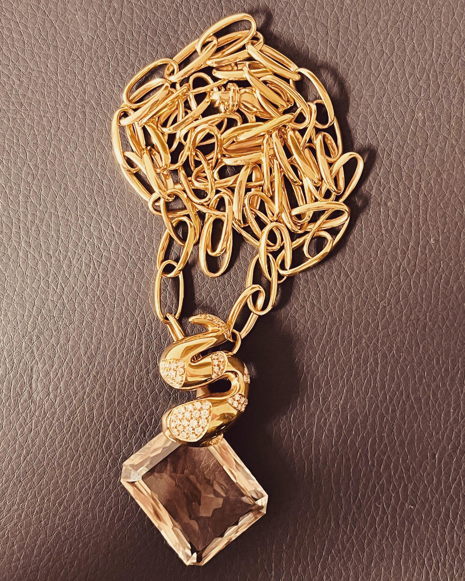 18ct Pink Gold 74cm Chain Suspending A Diamond Set Snake To A Rectangular Quartz For Sale 7