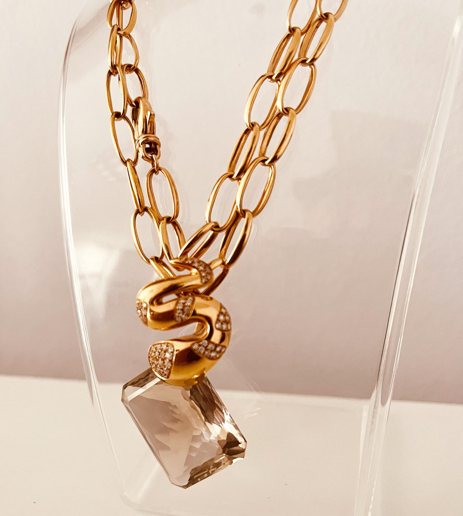 18ct Pink Gold 74cm Chain Suspending A Diamond Set Snake To A Rectangular Quartz For Sale 1