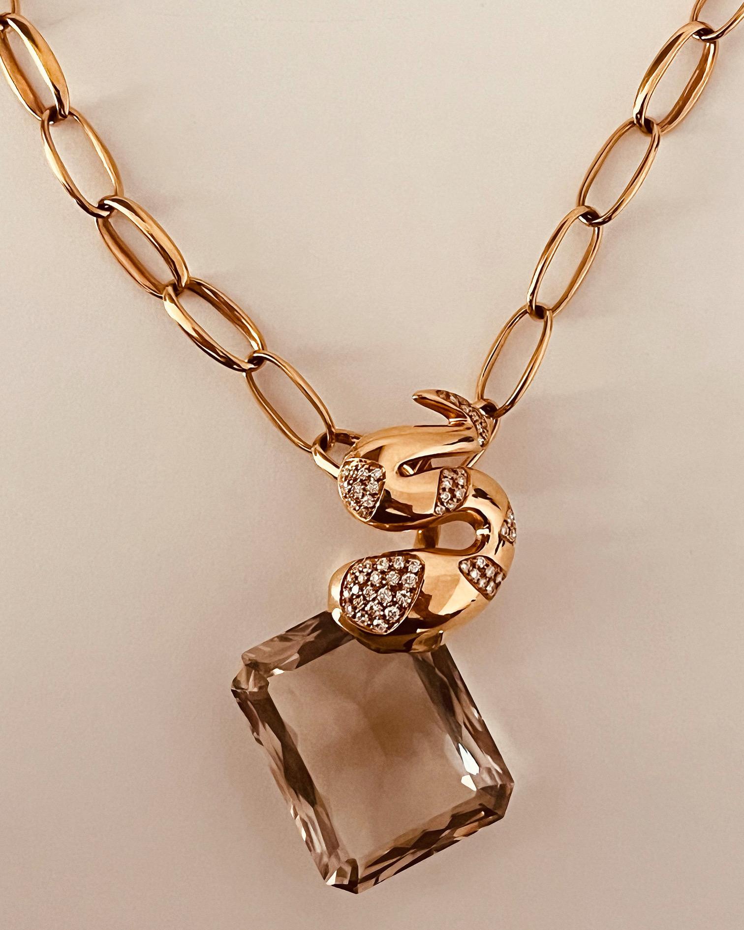 18ct Pink Gold 74cm Chain Suspending A Diamond Set Snake To A Rectangular Quartz For Sale 2