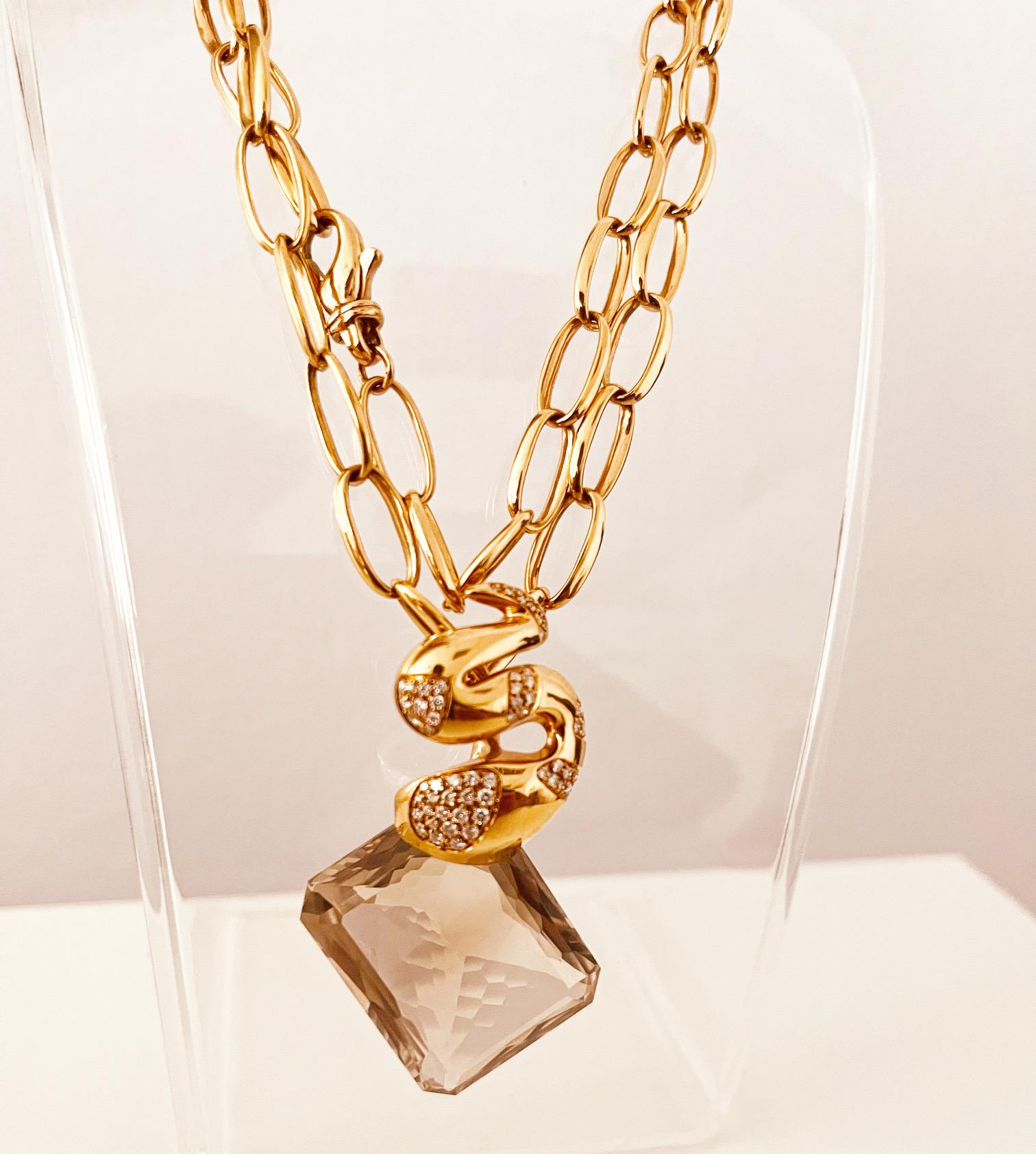 18ct Pink Gold 74cm Chain Suspending A Diamond Set Snake To A Rectangular Quartz For Sale 3