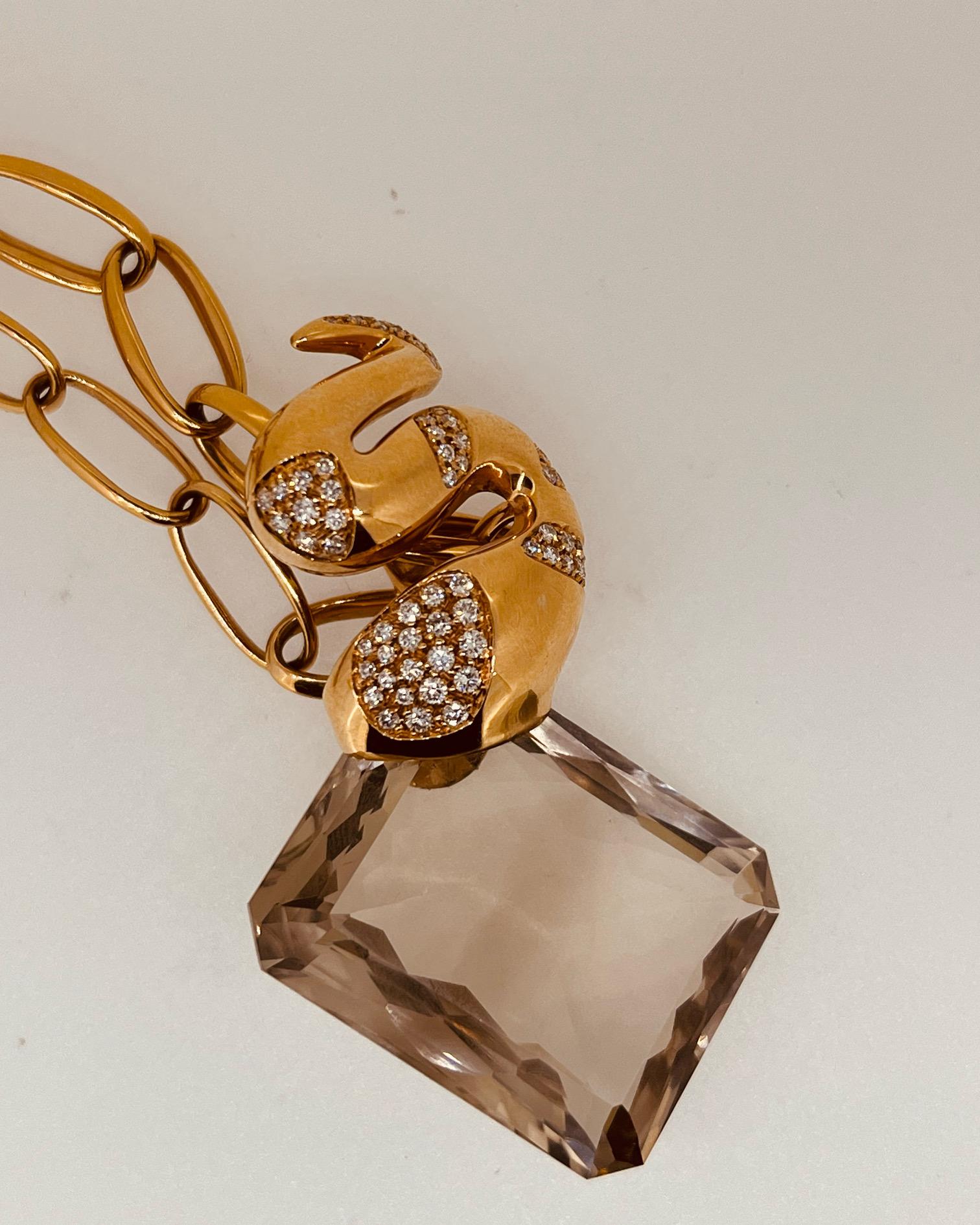 18ct Pink Gold 74cm Chain Suspending A Diamond Set Snake To A Rectangular Quartz For Sale 4
