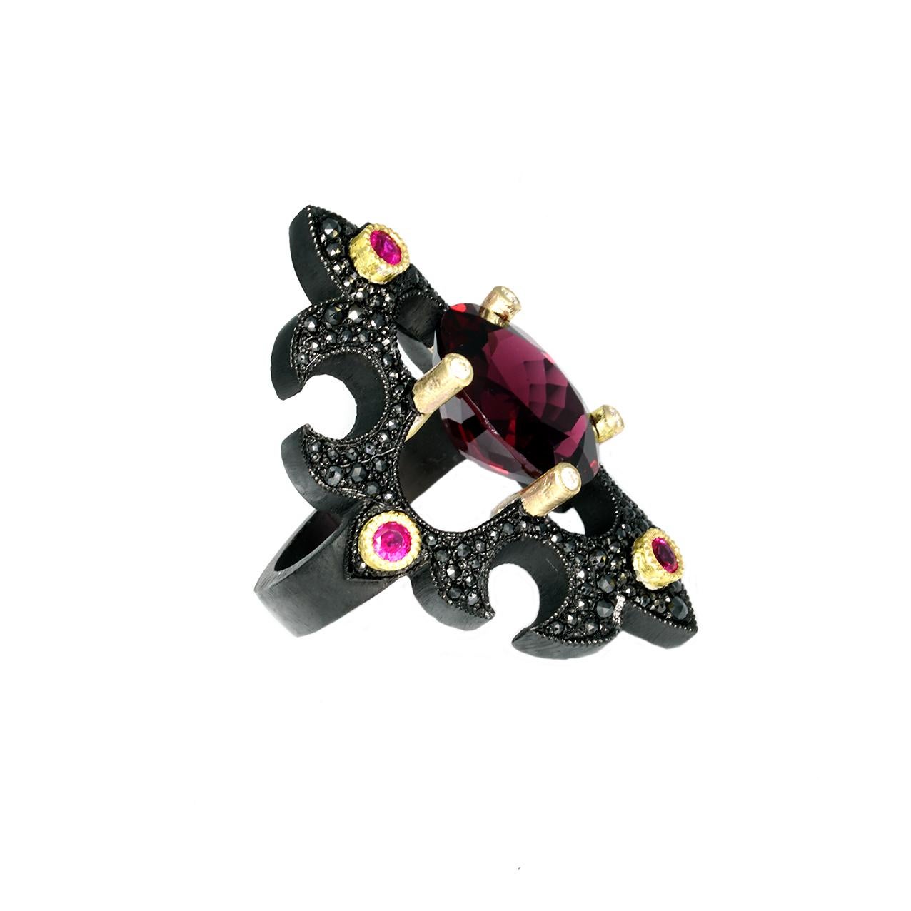 Eleusinian Princess Ring Rhodolite Garnet, Rubies, Black and White Diamonds In New Condition In Melbourne, Vic