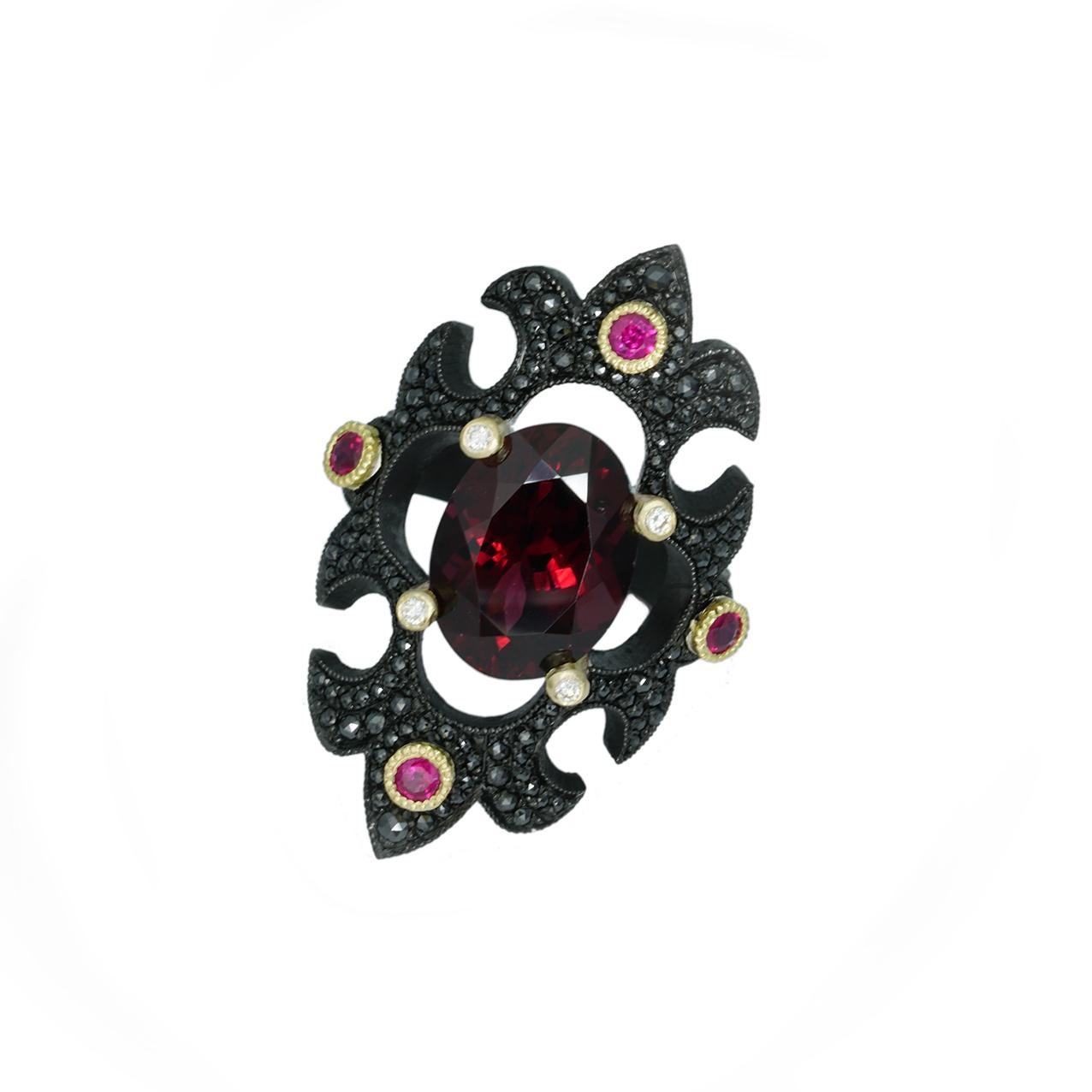 Women's or Men's Eleusinian Princess Ring Rhodolite Garnet, Rubies, Black and White Diamonds