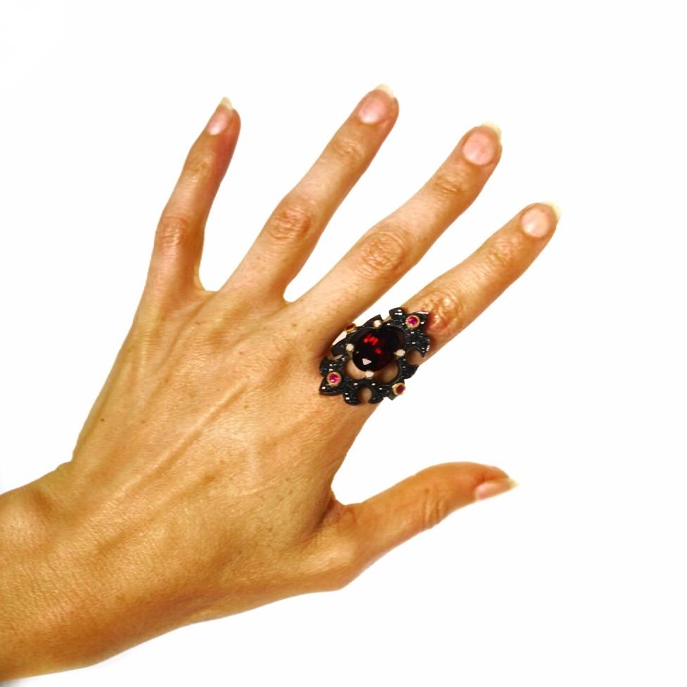 Eleusinian Princess Ring Rhodolite Garnet, Rubies, Black and White Diamonds 3