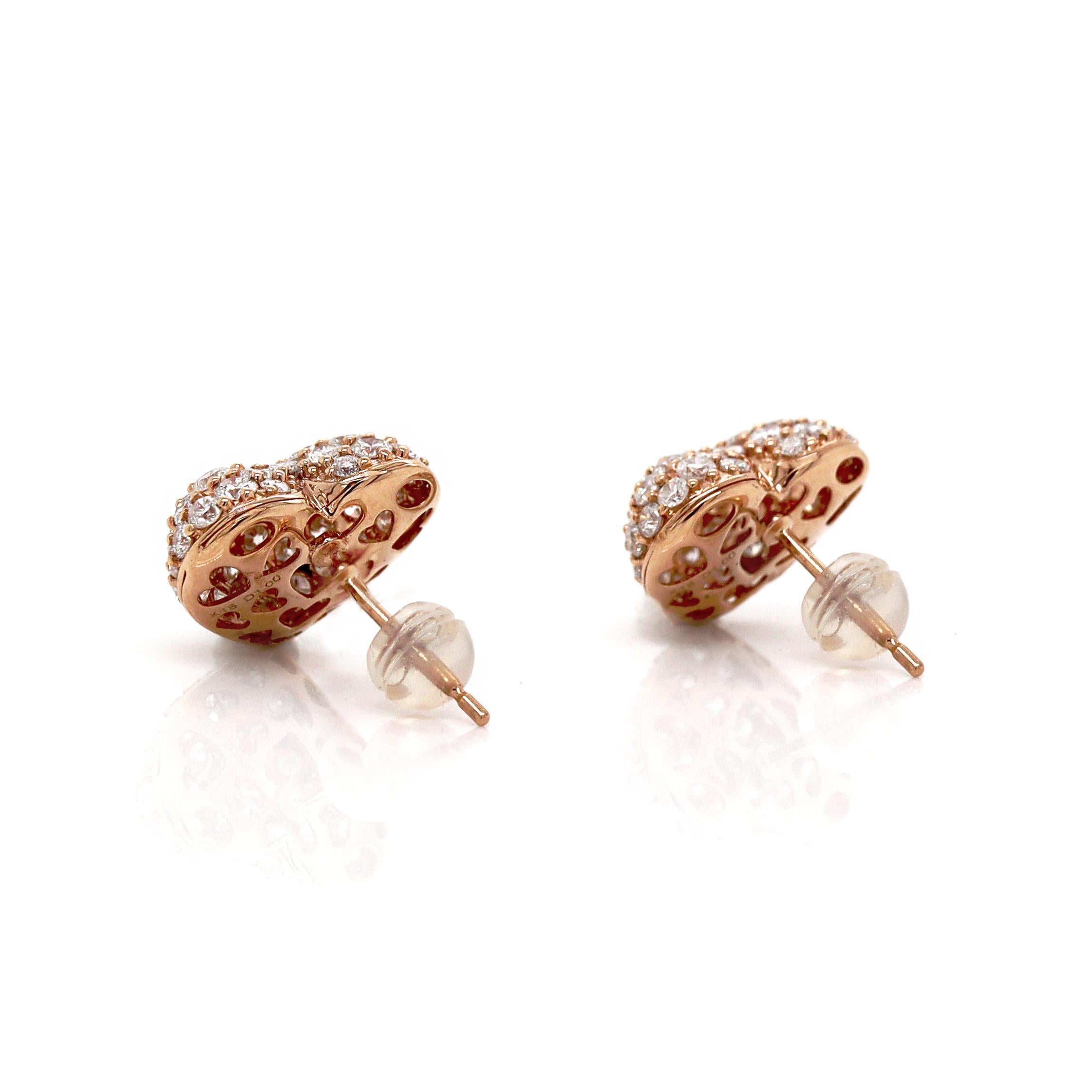 Taglio rotondo Orecchini a cuore con pavé di diamanti in oro rosa 18ct 2,00ct in vendita