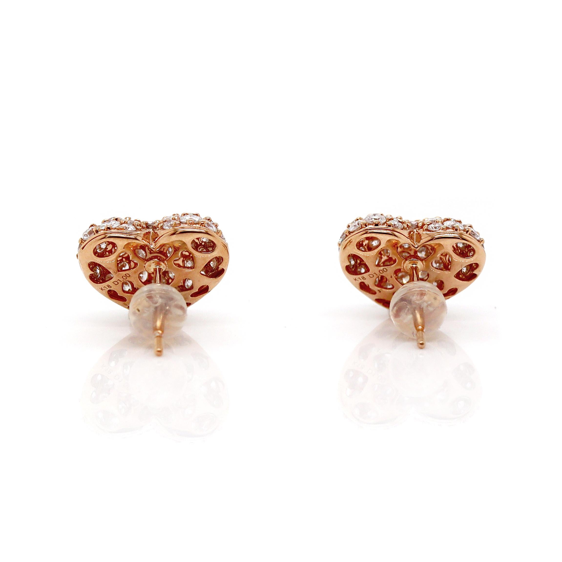 Orecchini a cuore con pavé di diamanti in oro rosa 18ct 2,00ct In condizioni Nuovo in vendita a Sydney, NSW
