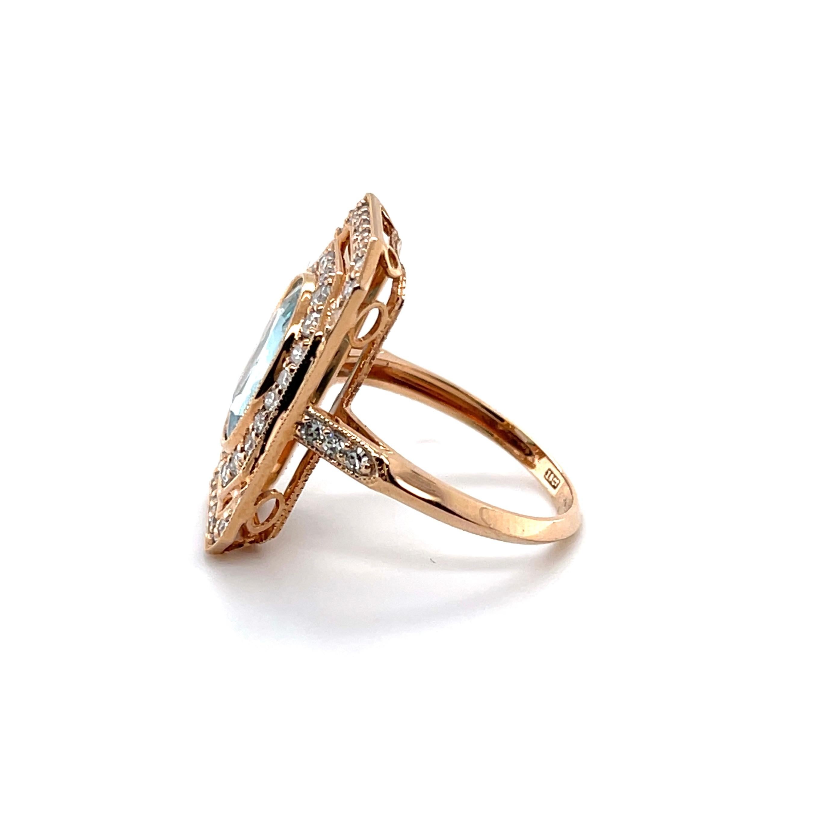Contemporary 18CT Rose Gold Aquamarine and Diamond Ring For Sale